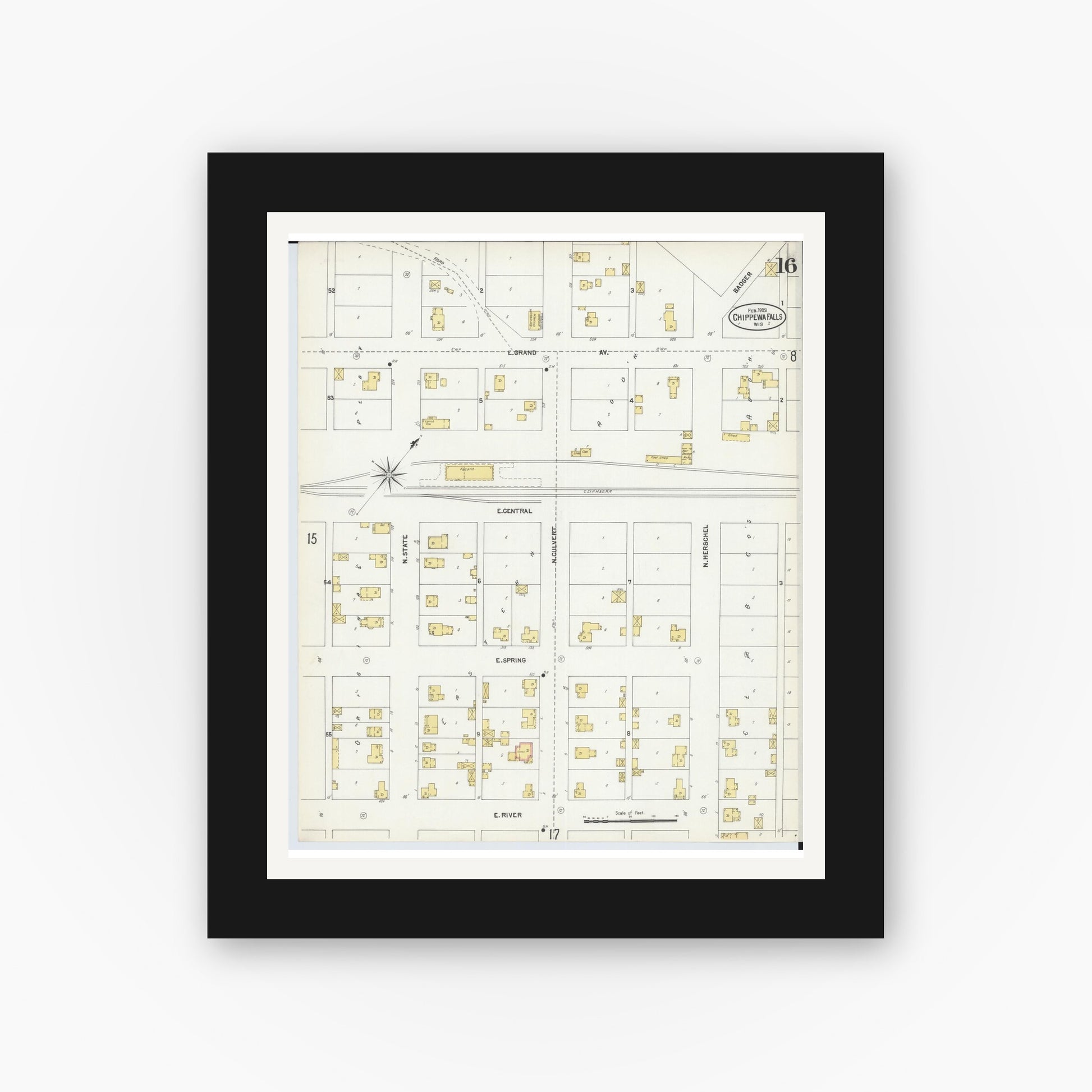 Old map wall art mockup — black gallery frame with white mat — Sanborn Fire Insurance Map from Chippewa Falls, Chippewa County, Wisconsin (1903), Sheet #0016