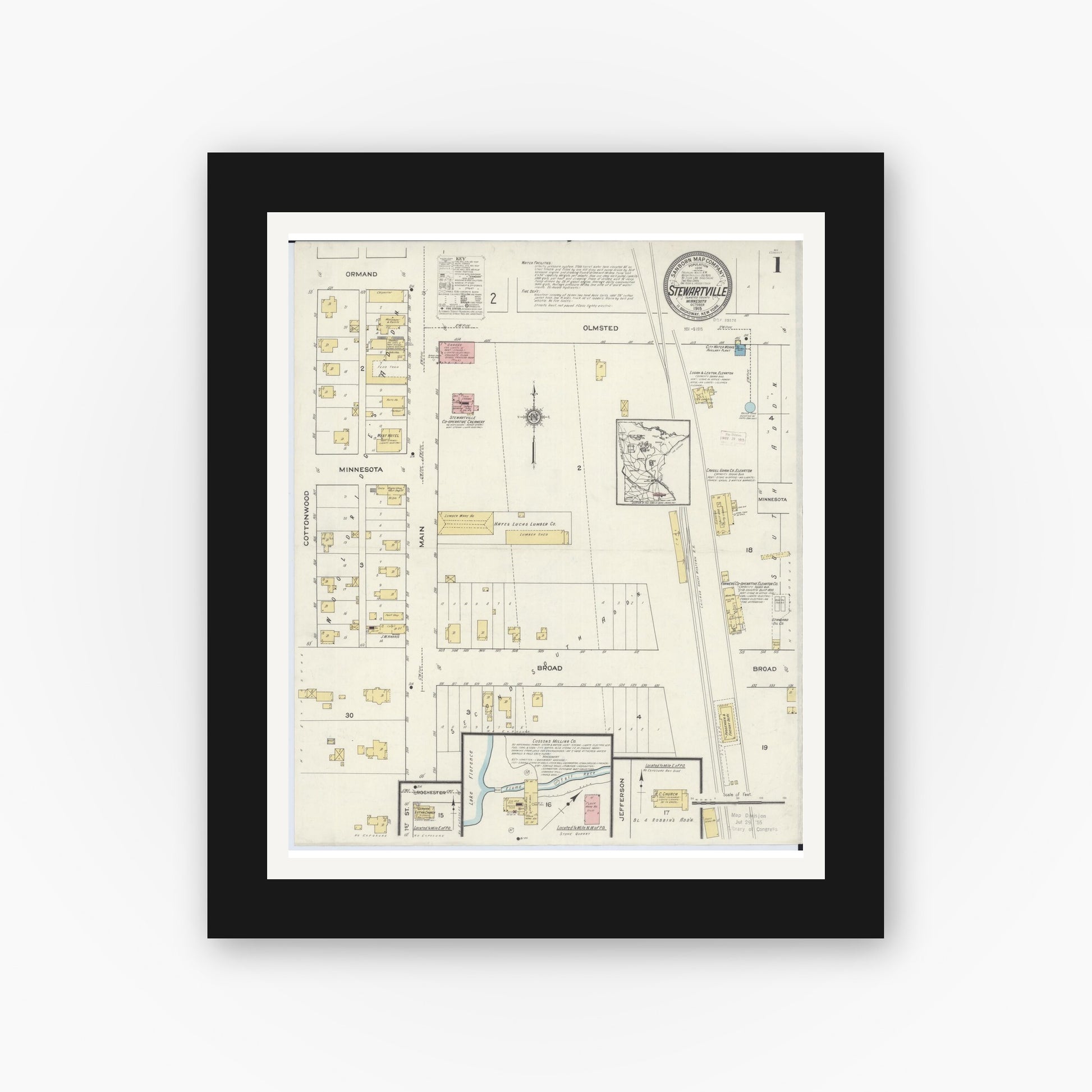 Old map wall art mockup — black gallery frame with white mat — Sanborn Fire Insurance Map from Stewartville, Olmsted County, Minnesota (1915) - Complete Map Set