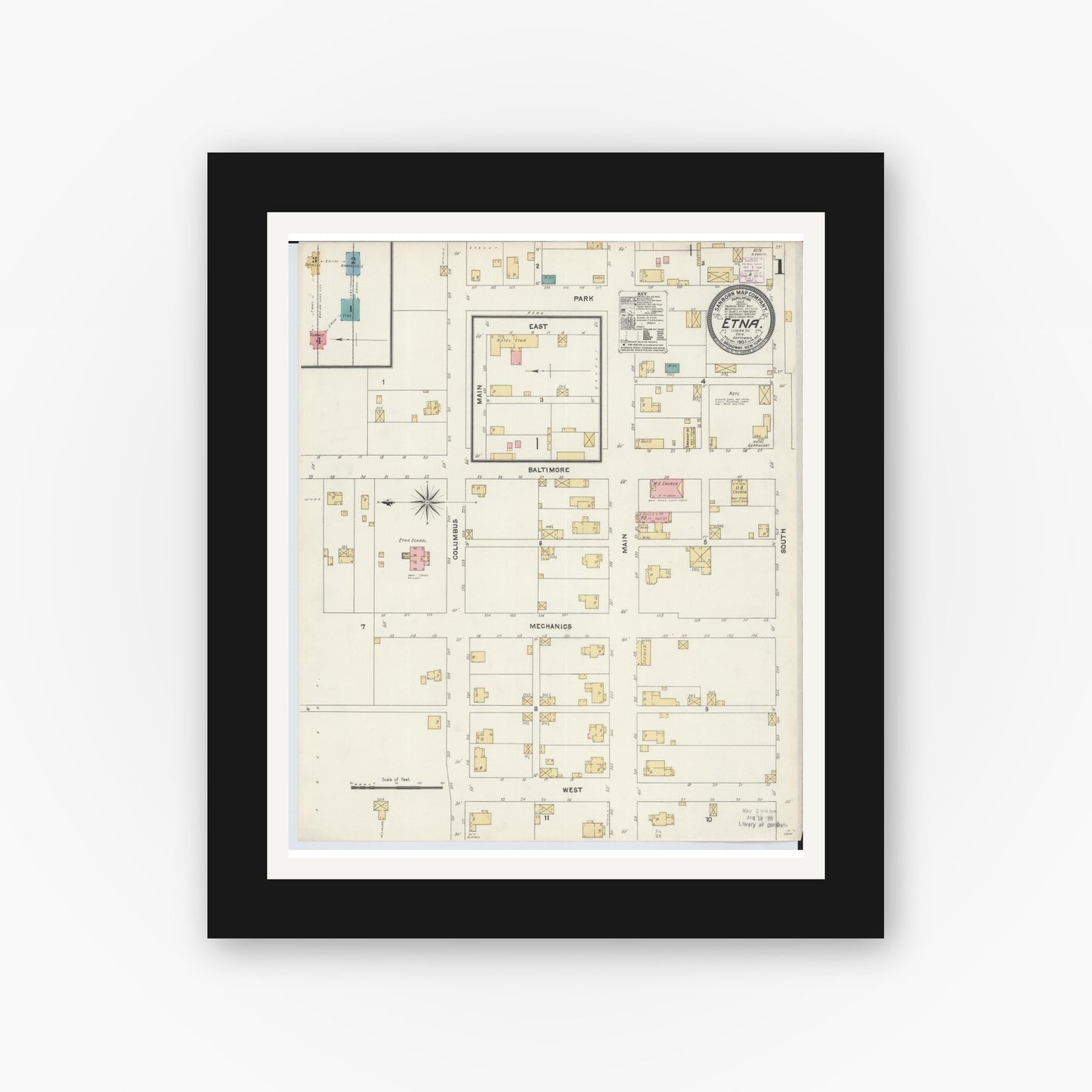 Old map wall art mockup — black gallery frame with white mat — Sanborn Fire Insurance Map from Etna, Luking County, Ohio (1905) - Complete Map Set