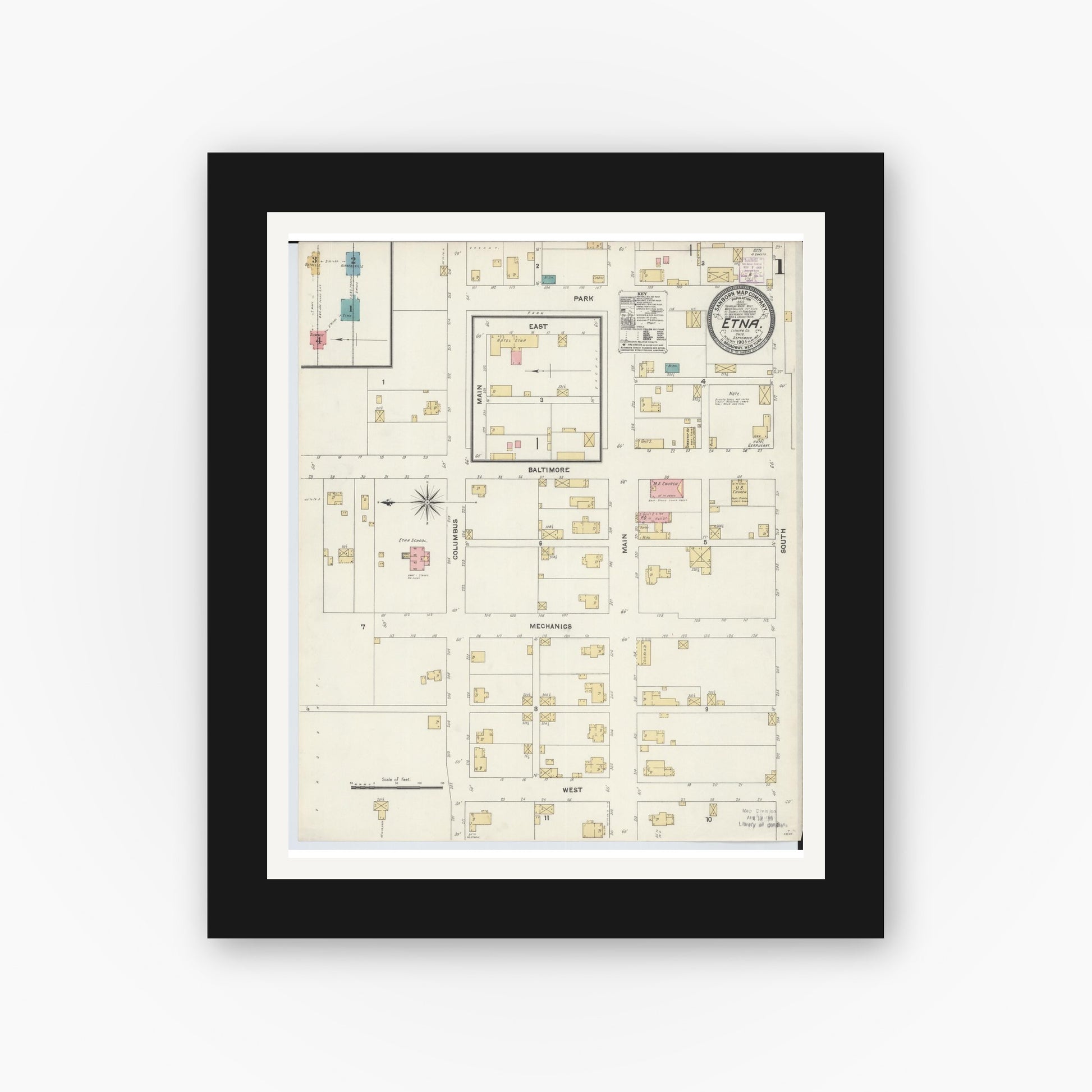Old map wall art mockup — black gallery frame with white mat — Sanborn Fire Insurance Map from Etna, Luking County, Ohio (1905) - Complete Map Set