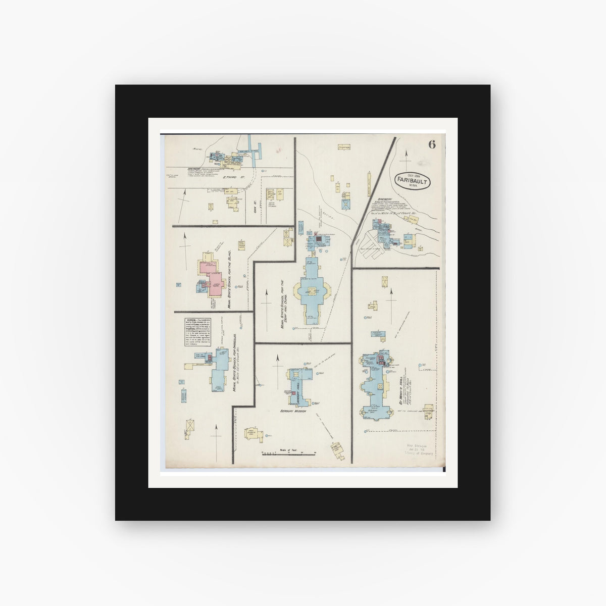 Old map wall art mockup — black gallery frame with white mat — Sanborn Fire Insurance Map from Faribault, Rice County, Minnesota (1884), Sheet #0006