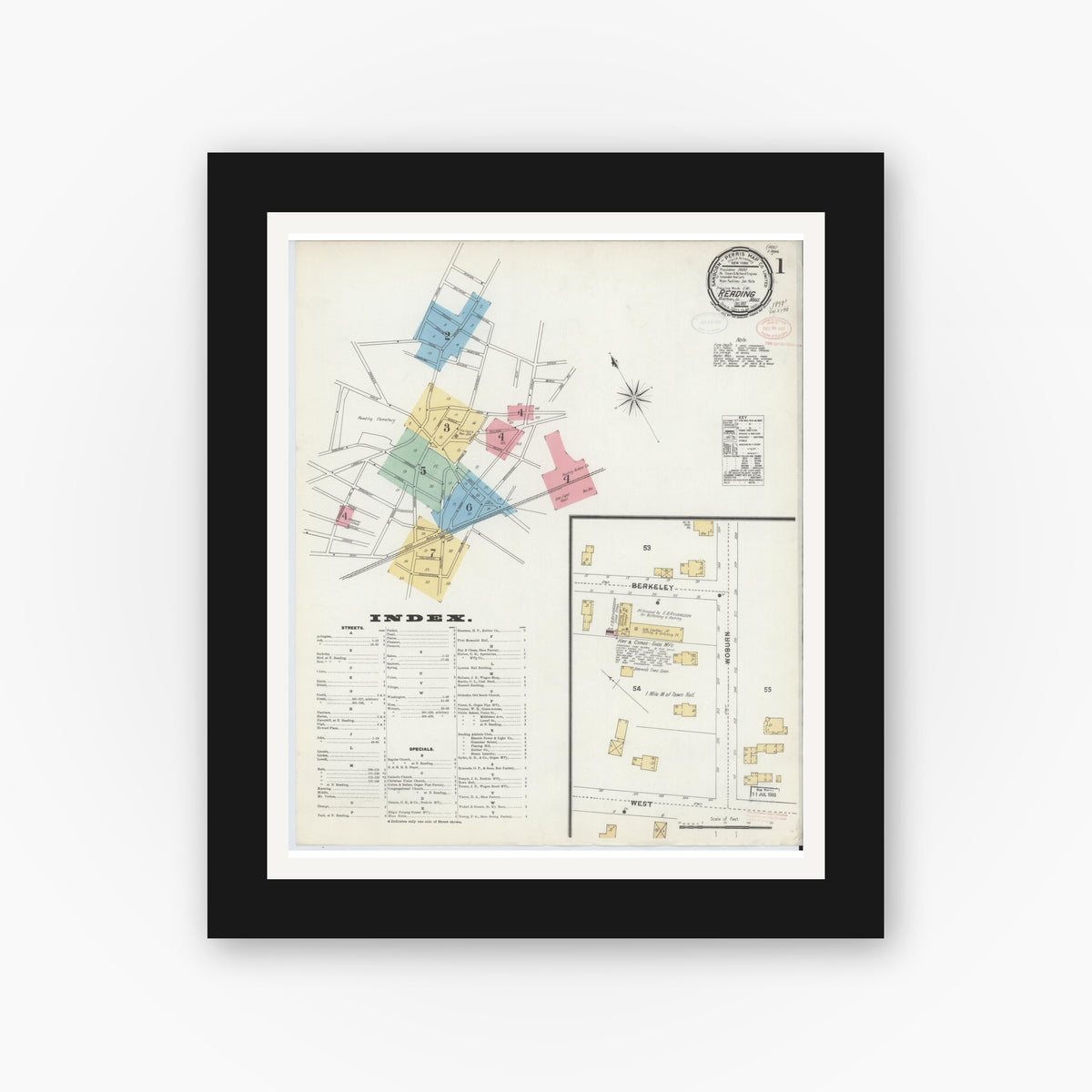 Old map wall art mockup — black gallery frame with white mat — Sanborn Fire Insurance Map from Reading, Middlesex County, Massachusetts (1897) - Complete Map Set