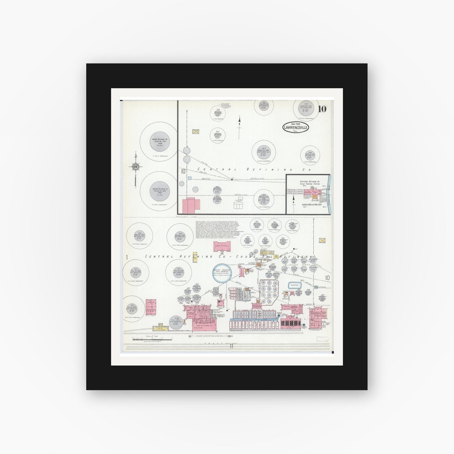 Old map wall art mockup — black gallery frame with white mat — Sanborn Fire Insurance Map from Lawrenceville, Lawrence County, Illinois (1918), Sheet #0010