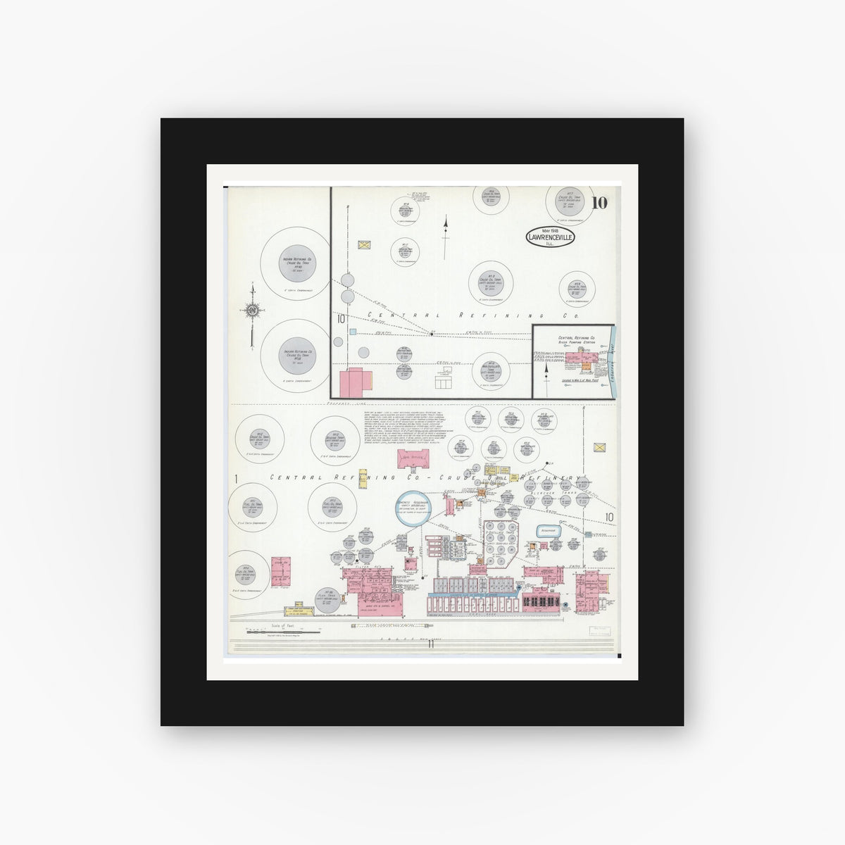 Old map wall art mockup — black gallery frame with white mat — Sanborn Fire Insurance Map from Lawrenceville, Lawrence County, Illinois (1918), Sheet #0010