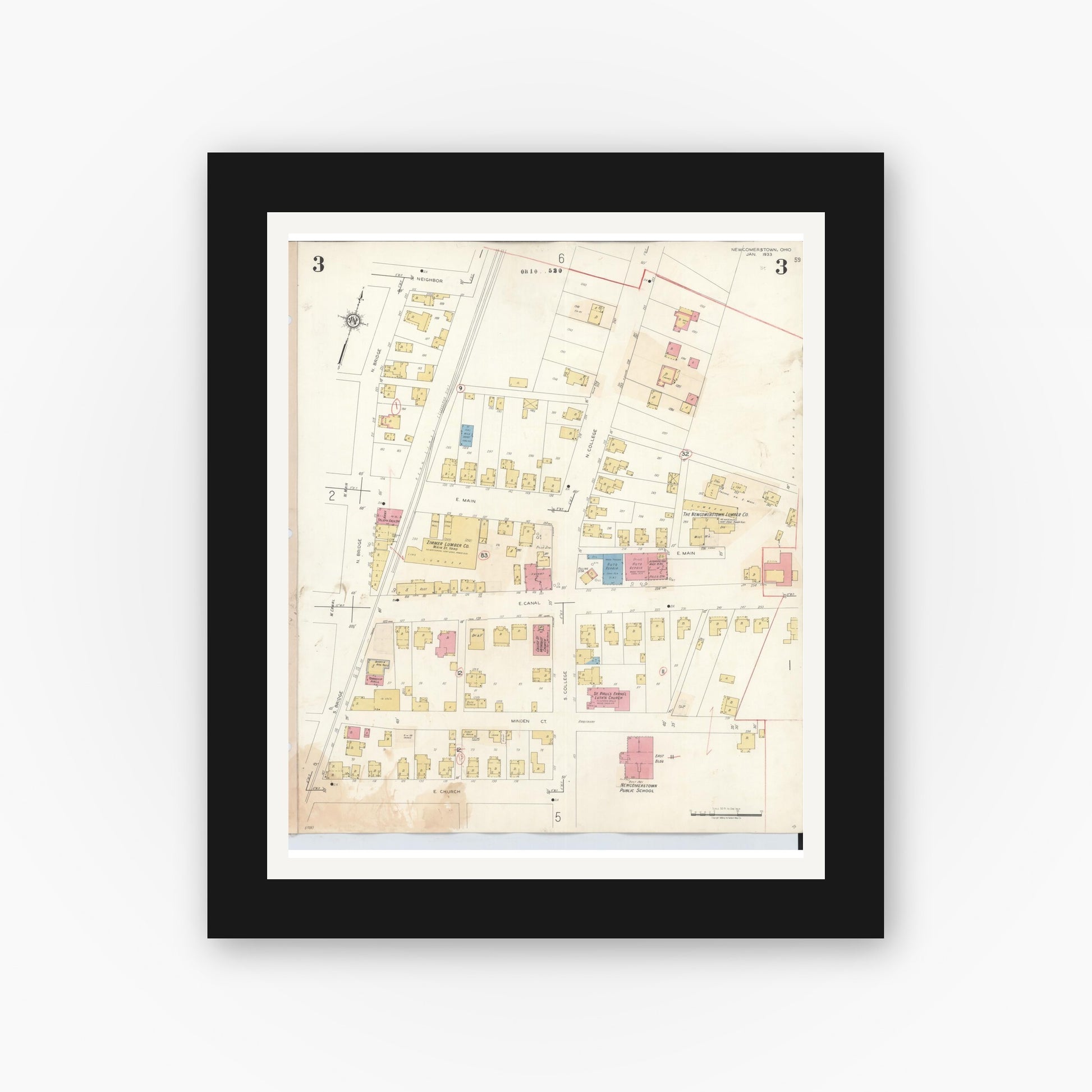 Old map wall art mockup — black gallery frame with white mat — Sanborn Fire Insurance Map from Newcomerstown, Tuscarawas County, Ohio (1933), Sheet #0003