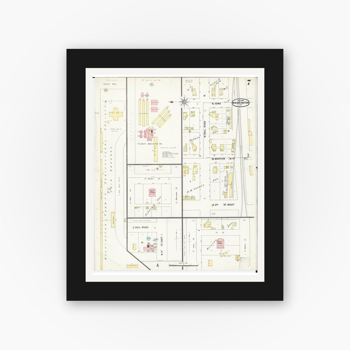 Old map wall art mockup — black gallery frame with white mat — Sanborn Fire Insurance Map from Washington, Washington County, Iowa (1897), Sheet #0007
