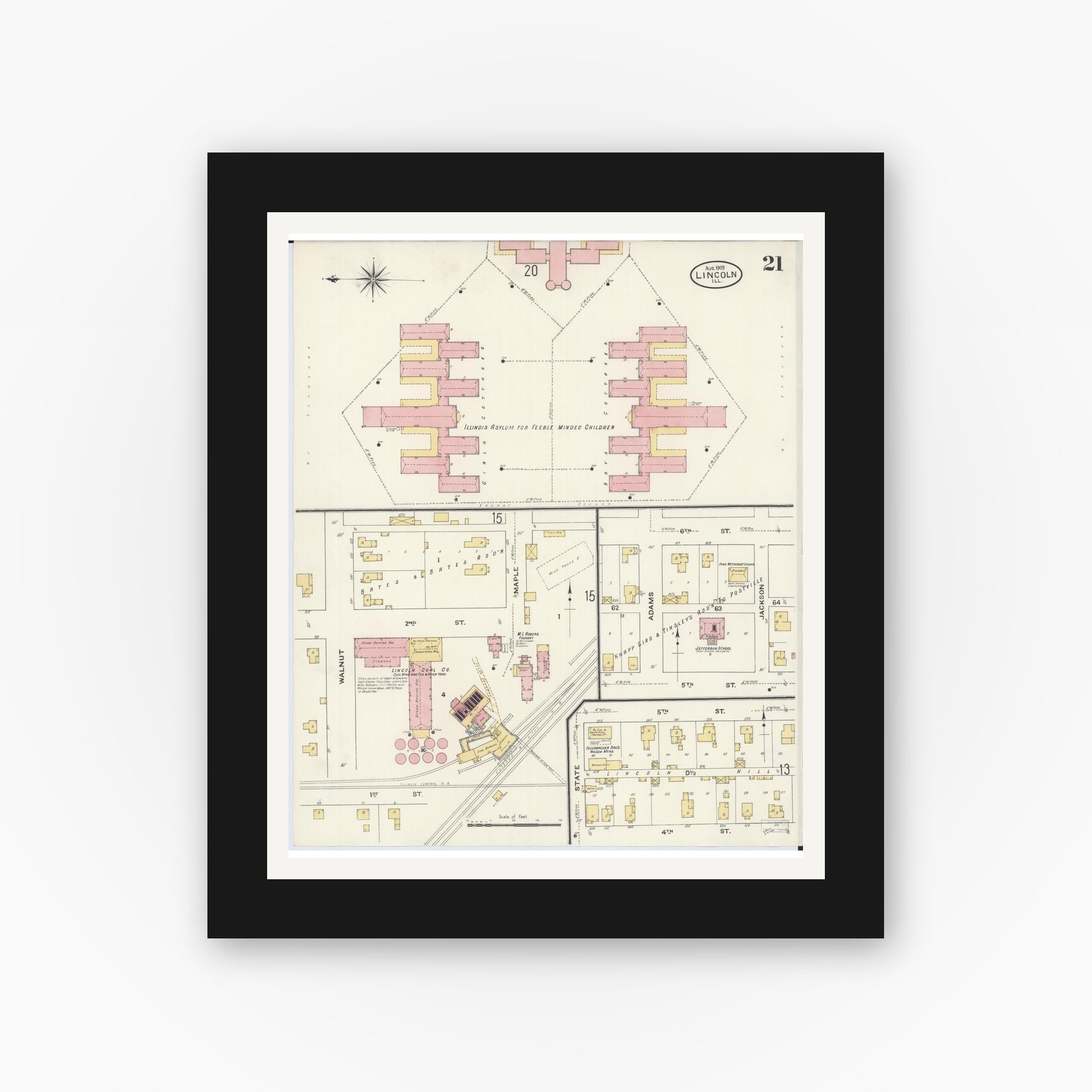 Old map wall art mockup — black gallery frame with white mat — Sanborn Fire Insurance Map from Lincoln, Logan County, Illinois (1909), Sheet #0021