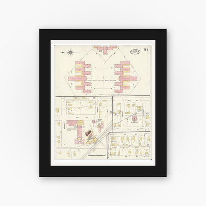 Old map wall art mockup — black gallery frame with white mat — Sanborn Fire Insurance Map from Lincoln, Logan County, Illinois (1909), Sheet #0021