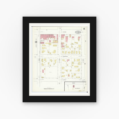 Old map wall art mockup — black gallery frame with white mat — Sanborn Fire Insurance Map from Tecumseh, Lenawee County, Michigan (1912), Sheet #0008