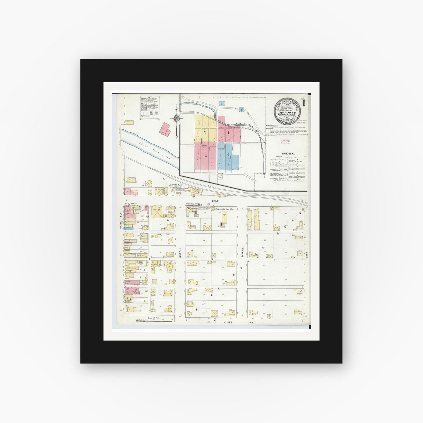 Old map wall art mockup — black gallery frame with white mat — Sanborn Fire Insurance Map from Bellville, Richland County, Ohio (1910) - Complete Map Set