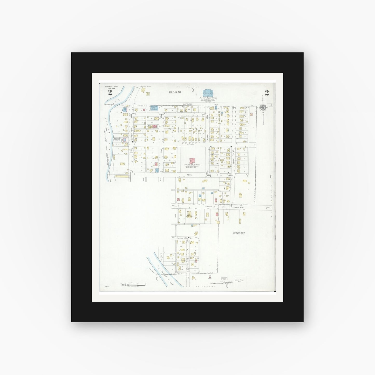 Old map wall art mockup — black gallery frame with white mat — Sanborn Fire Insurance Map from Gahanna, Franklin County, Ohio (1946), Sheet #0002