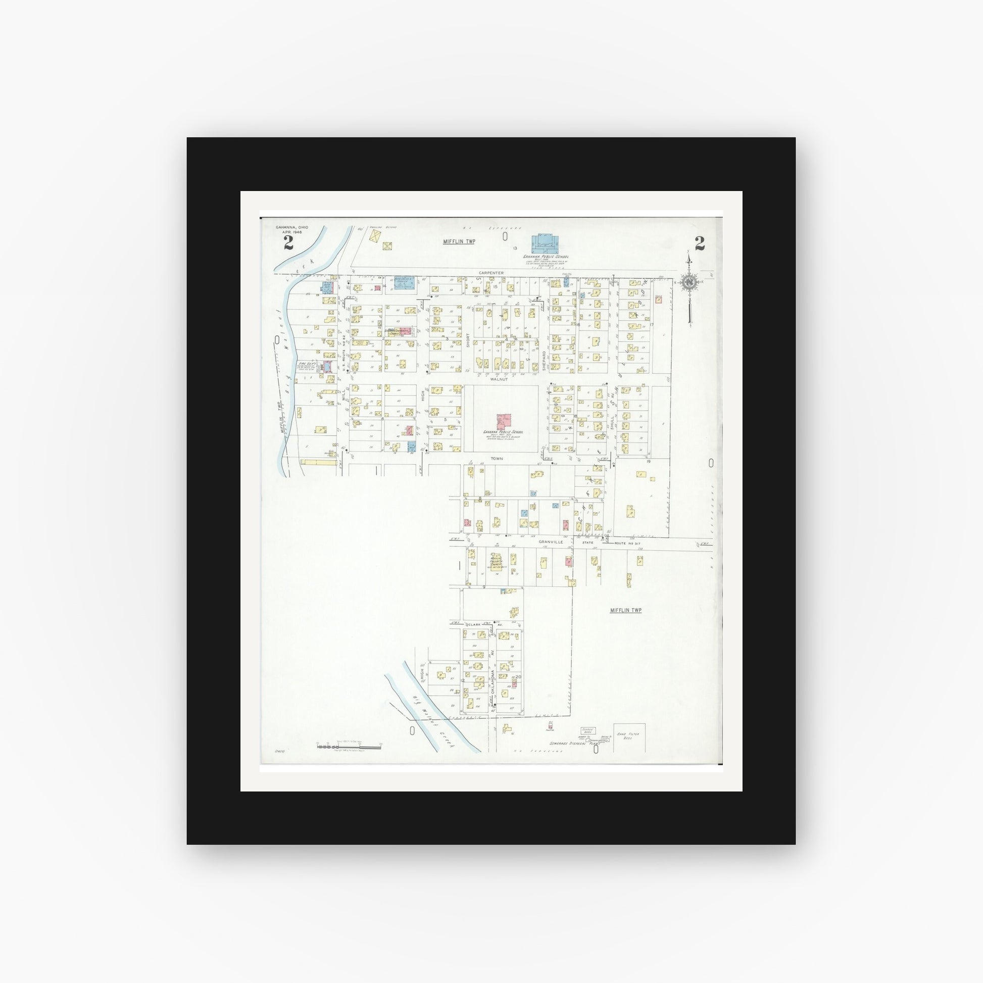 Old map wall art mockup — black gallery frame with white mat — Sanborn Fire Insurance Map from Gahanna, Franklin County, Ohio (1946), Sheet #0002