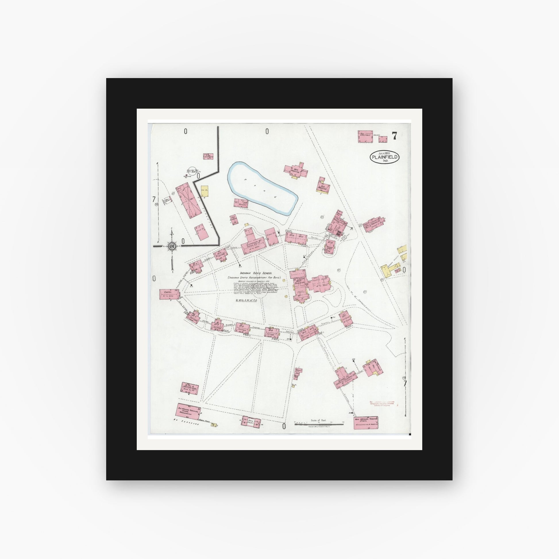 Old map wall art mockup — black gallery frame with white mat — Sanborn Fire Insurance Map from Plainfield, Hendricks County, Indiana (1920), Sheet #0007