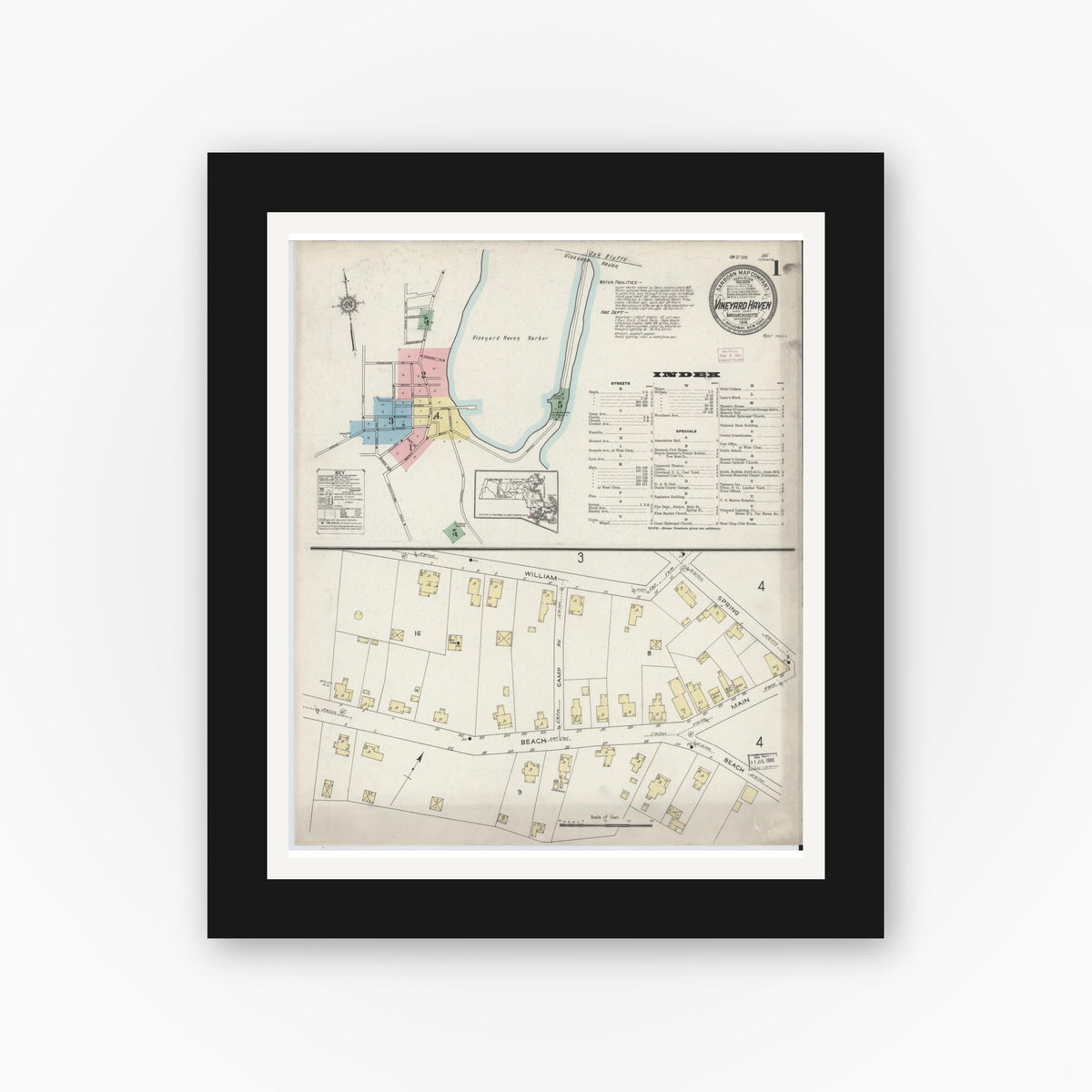 Old map wall art mockup — black gallery frame with white mat — Sanborn Fire Insurance Map from Vineyard Haven, Dukes County, Massachusetts (1914), Sheet #0001