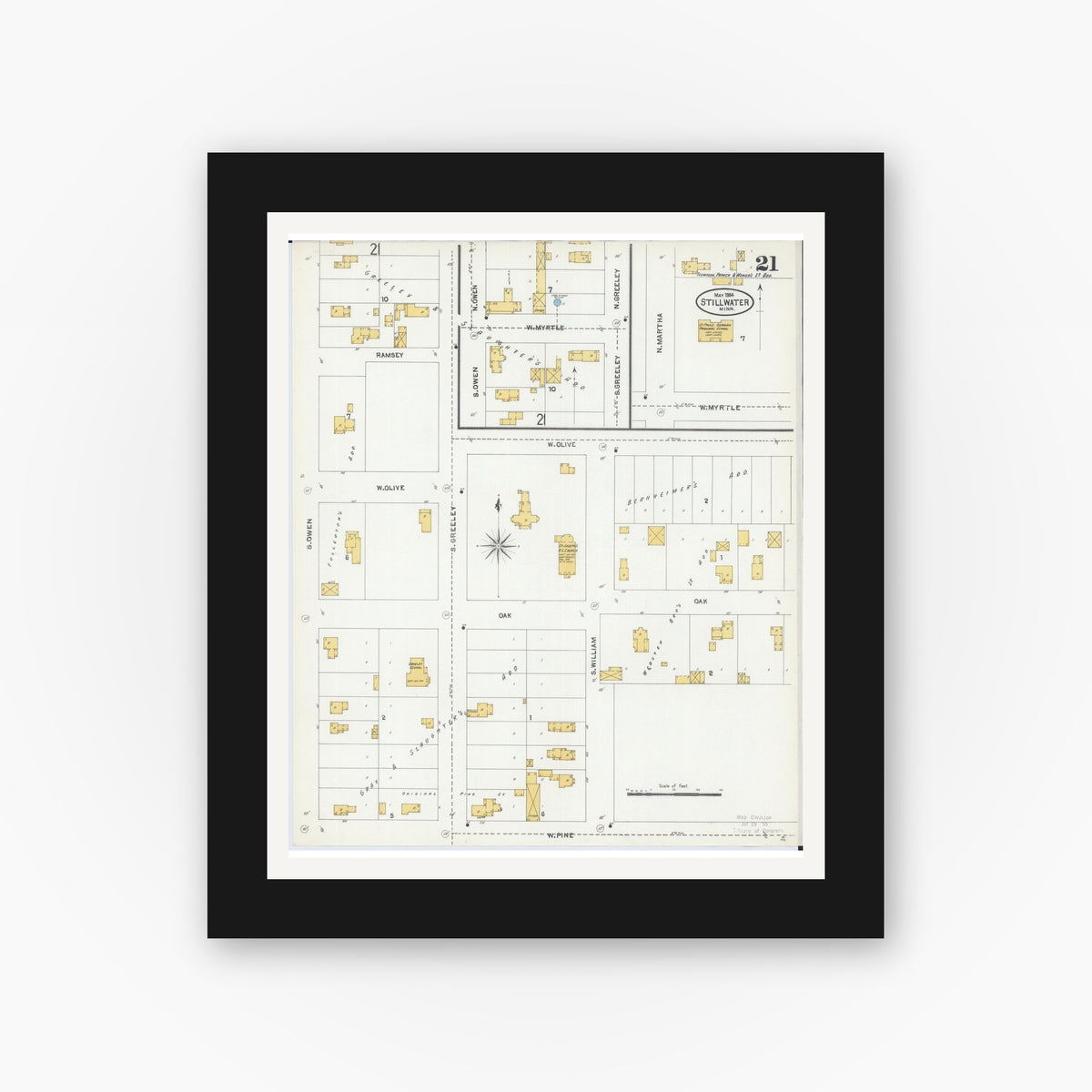 Old map wall art mockup — black gallery frame with white mat — Sanborn Fire Insurance Map from Stillwater, Washington County, Minnesota (1904), Sheet #0021