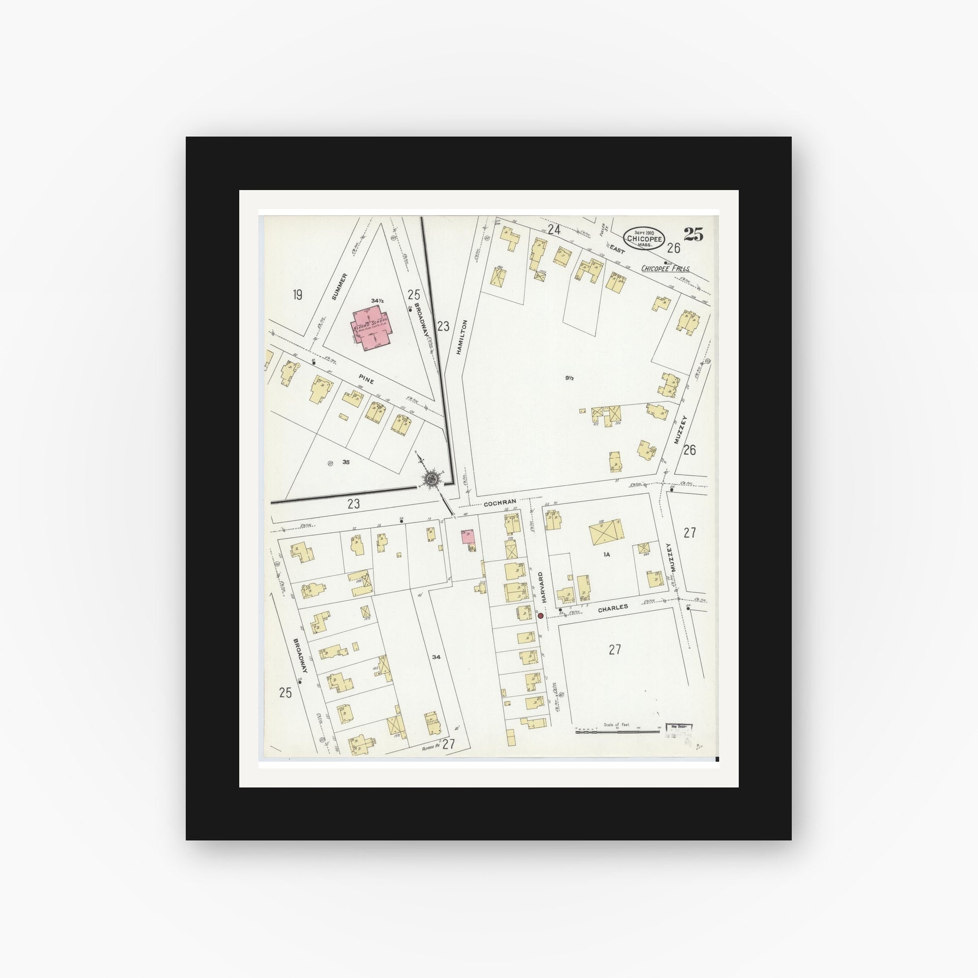 Old map wall art mockup — black gallery frame with white mat — Sanborn Fire Insurance Map from Chicopee, Hampden County, Massachusetts (1910), Sheet #0025