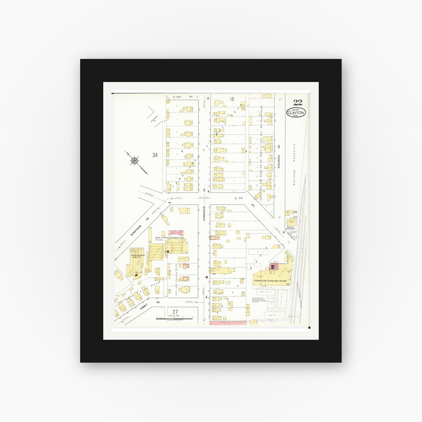 Old map wall art mockup — black gallery frame with white mat — Sanborn Fire Insurance Map from Clinton, Clinton County, Iowa (1917), Sheet #0022