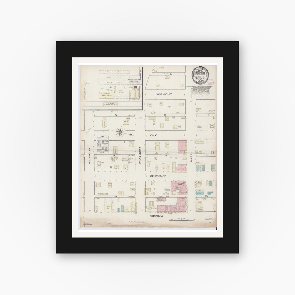 Old map wall art mockup — black gallery frame with white mat — Sanborn Fire Insurance Map from Gridley, Butte County, California (1884), Sheet #0001