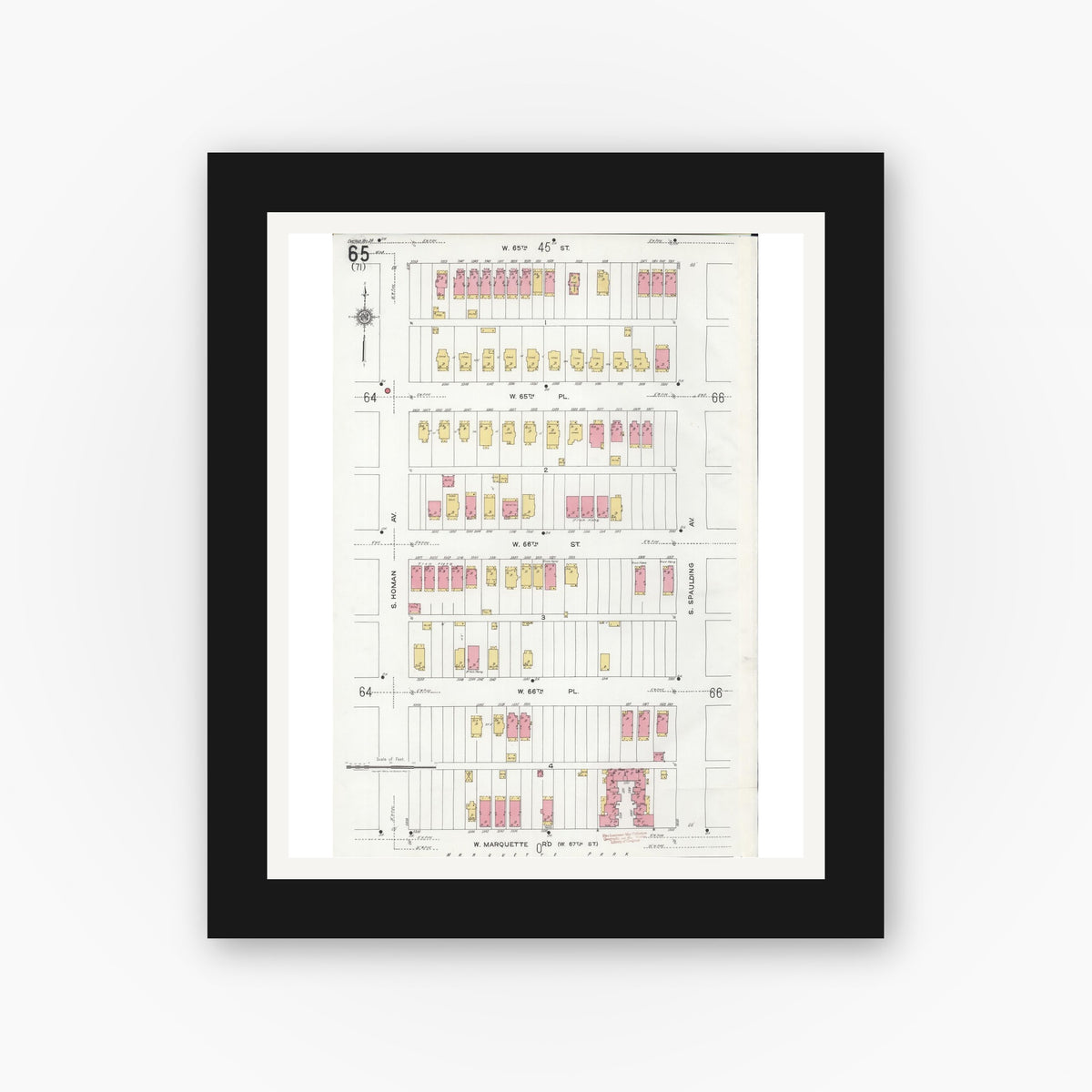 Old map wall art mockup — black gallery frame with white mat — Sanborn Fire Insurance Map from Chicago, Cook County, Illinois (1920), Sheet #0065