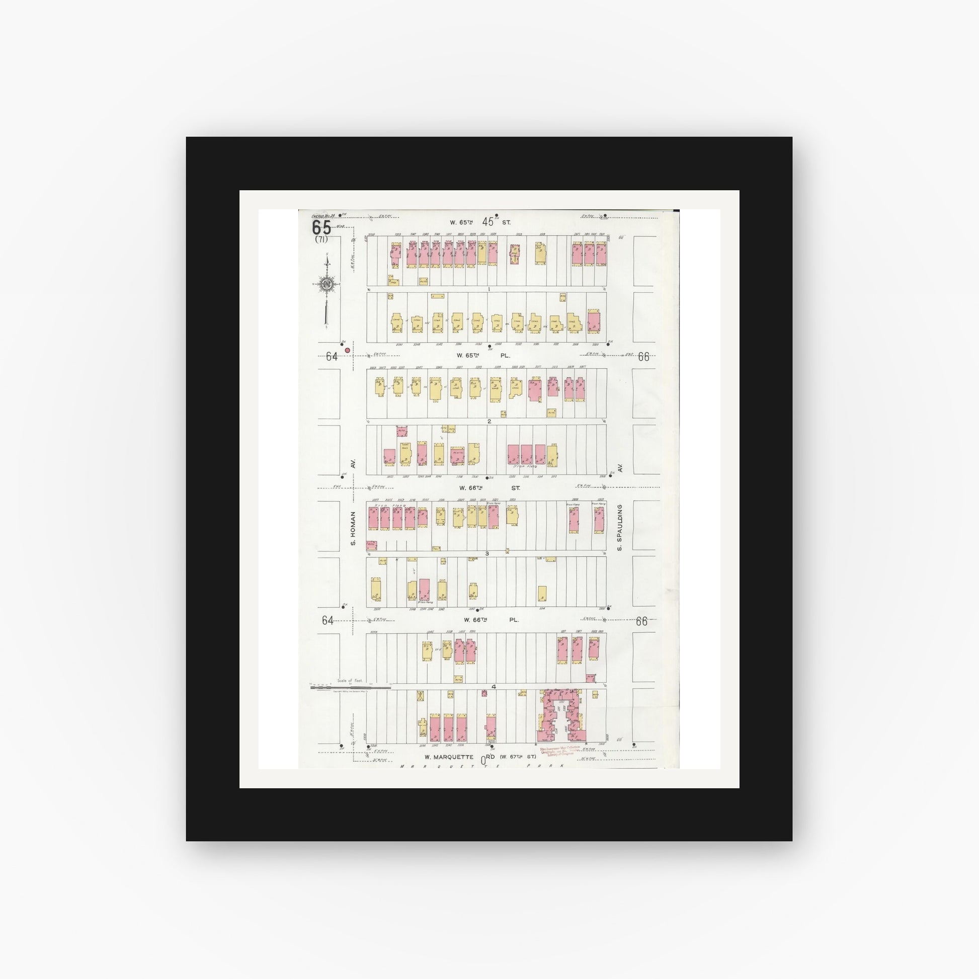 Old map wall art mockup — black gallery frame with white mat — Sanborn Fire Insurance Map from Chicago, Cook County, Illinois (1920), Sheet #0065