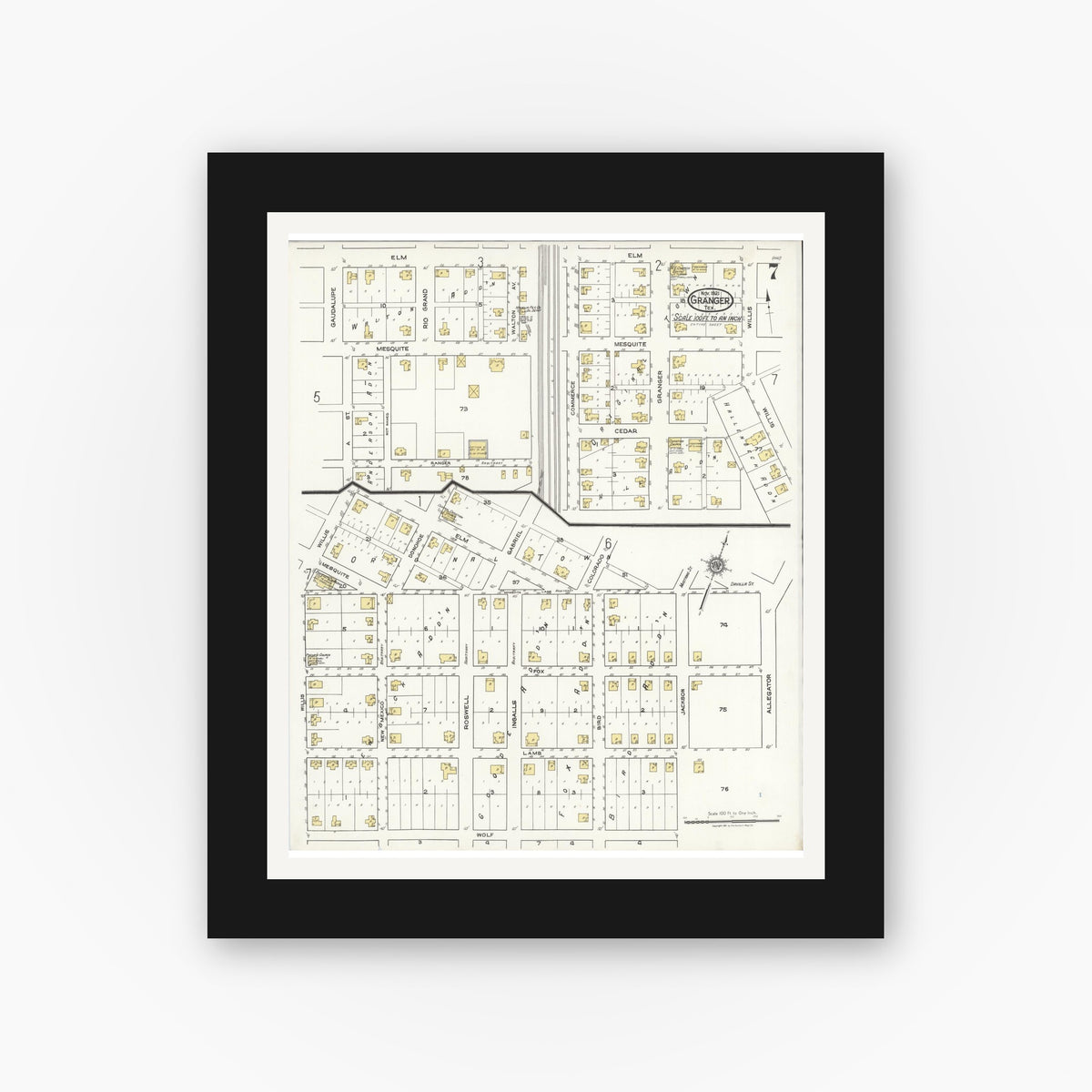 Old map wall art mockup — black gallery frame with white mat — Sanborn Fire Insurance Map from Granger, Williamson County, Texas (1921), Sheet #0007
