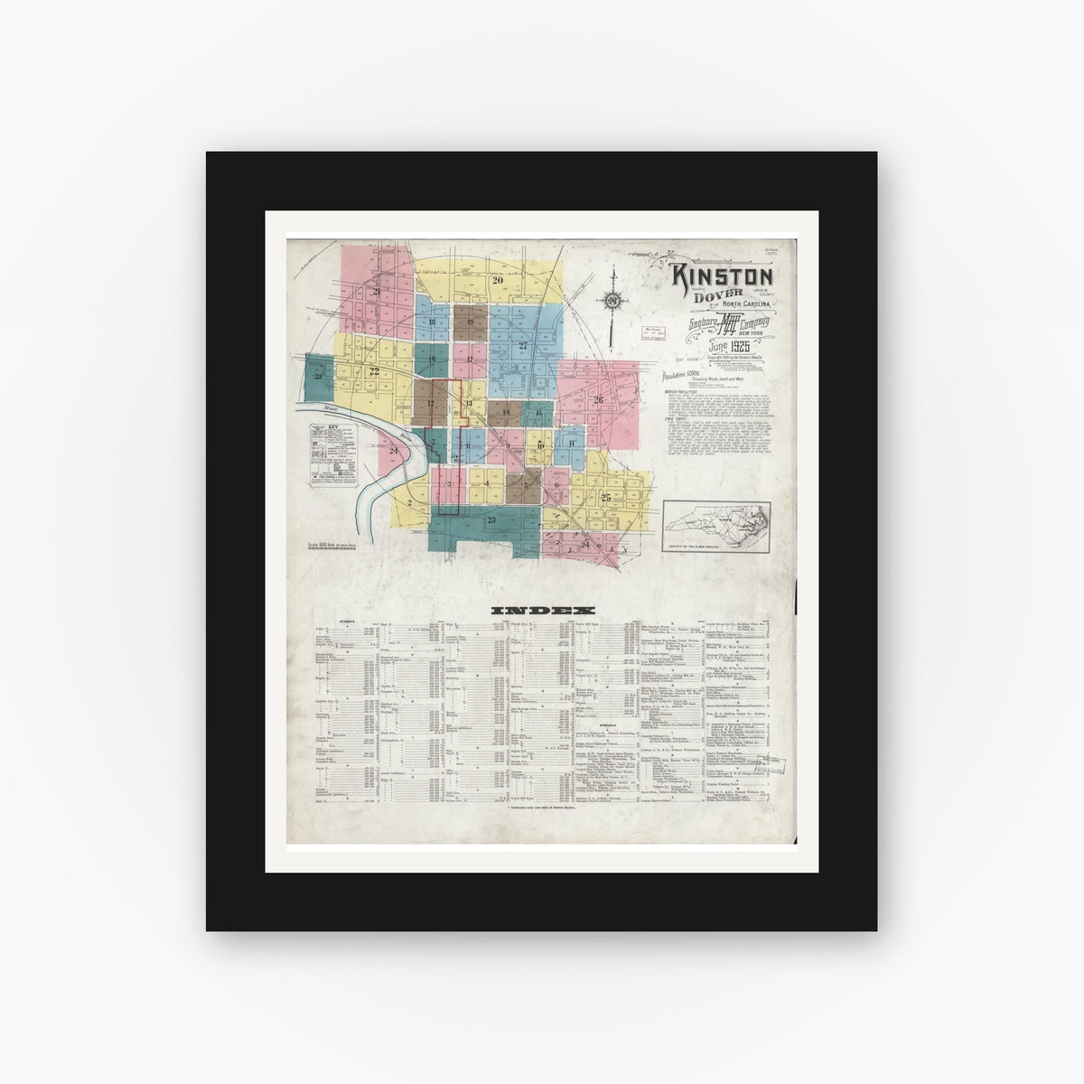 Old map wall art mockup — black gallery frame with white mat — Sanborn Fire Insurance Map from Kinston, Lenoir County, North Carolina (1925), Sheet #0001