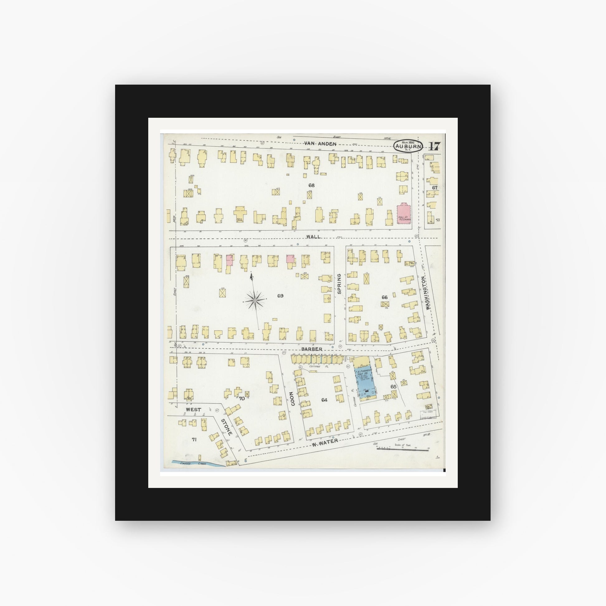 Old map wall art mockup — black gallery frame with white mat — Sanborn Fire Insurance Map from Auburn, Cayuga County, New York (1892), Sheet #0017