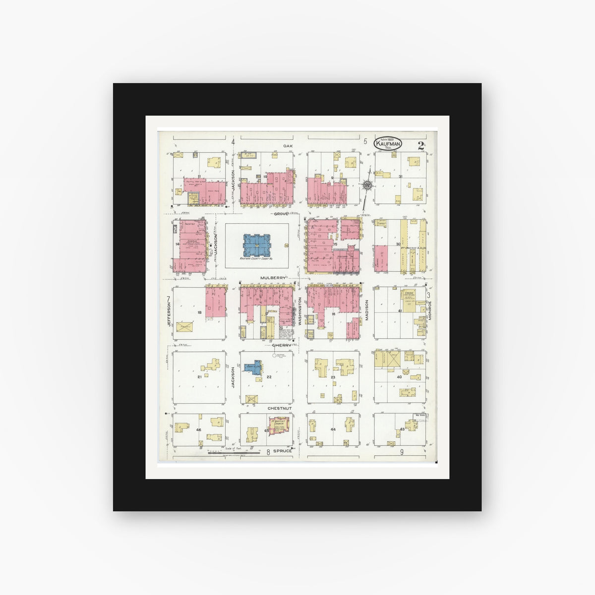 Old map wall art mockup — black gallery frame with white mat — Sanborn Fire Insurance Map from Kaufman, Kaufman County, Texas (1920), Sheet #0002