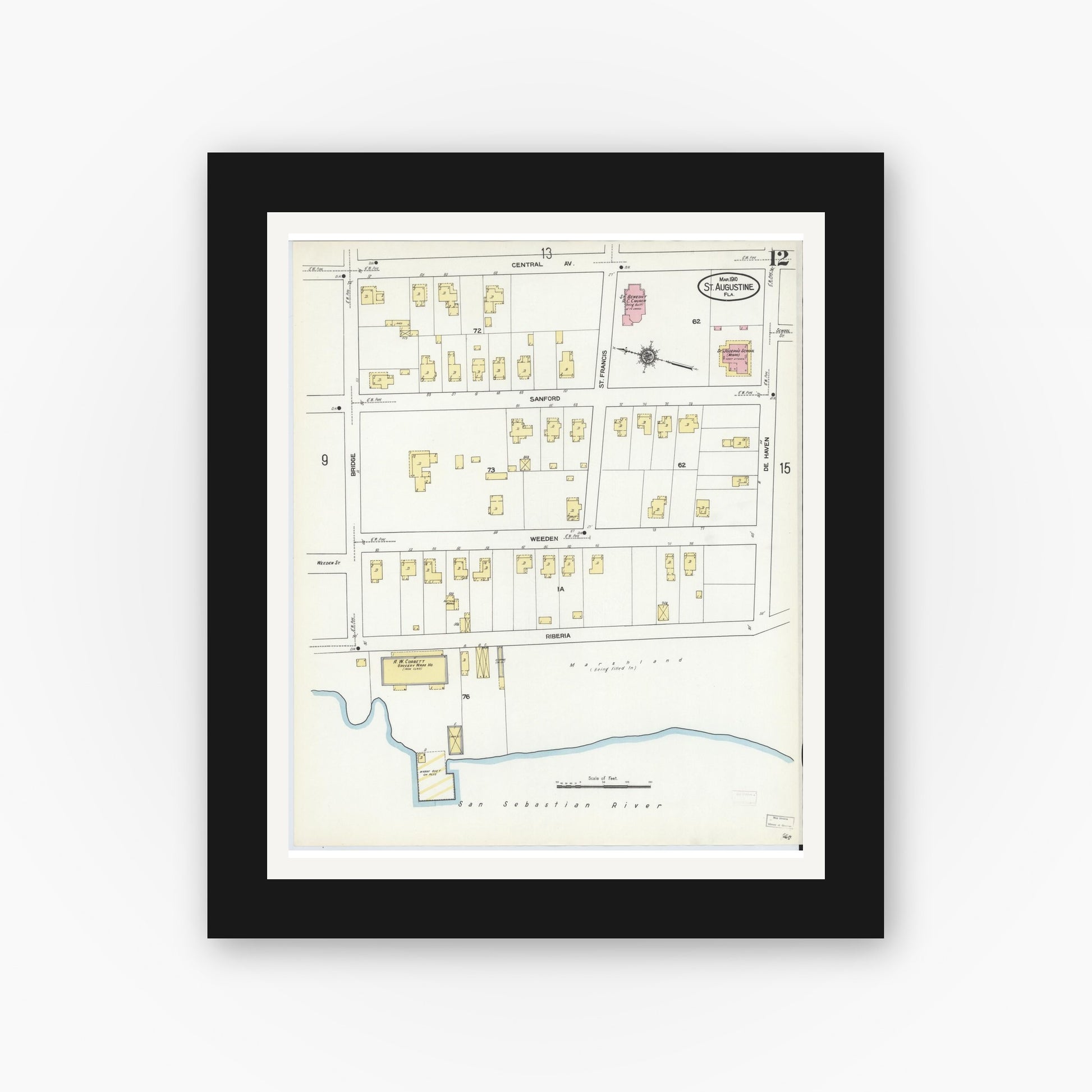 Old map wall art mockup — black gallery frame with white mat — Sanborn Fire Insurance Map from Saint Augustine, Saint John's County, Florida (1910), Sheet #0012