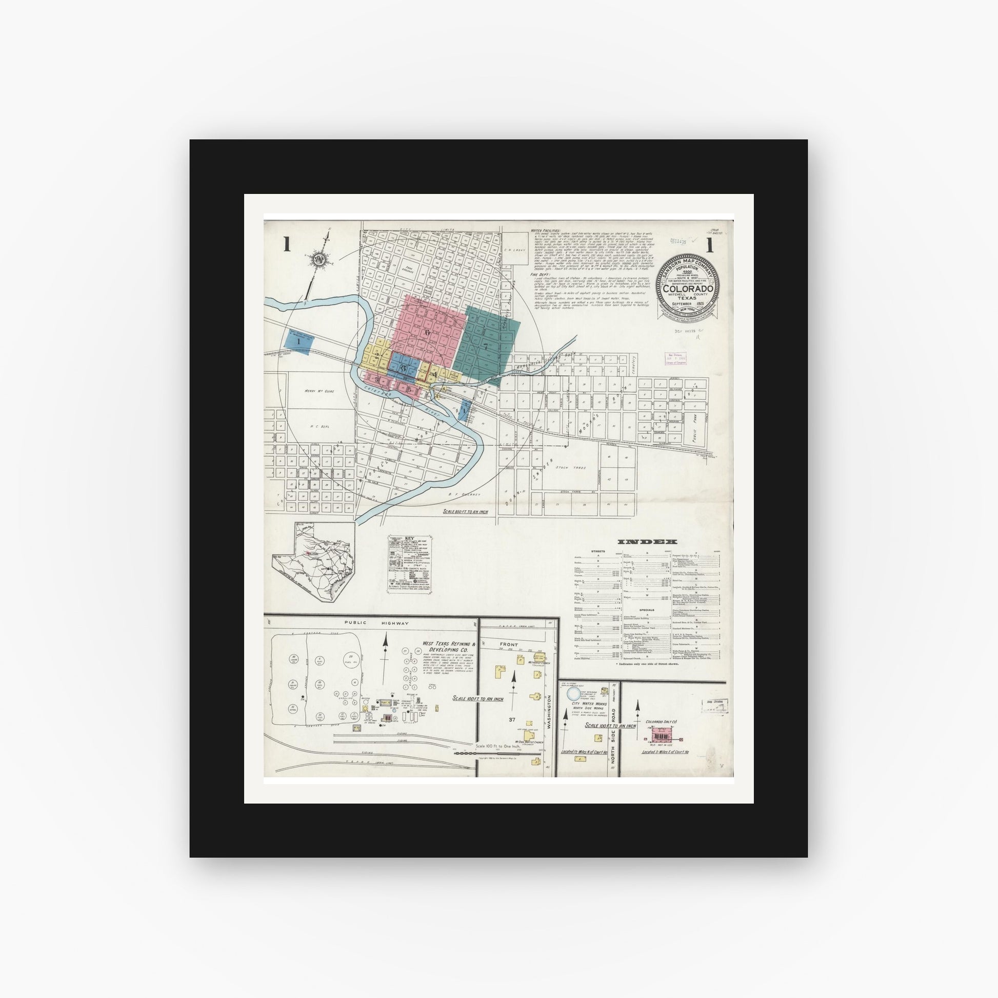 Old map wall art mockup — black gallery frame with white mat — Sanborn Fire Insurance Map from Colorado, Mitchell County, Texas (1925), Sheet #0001