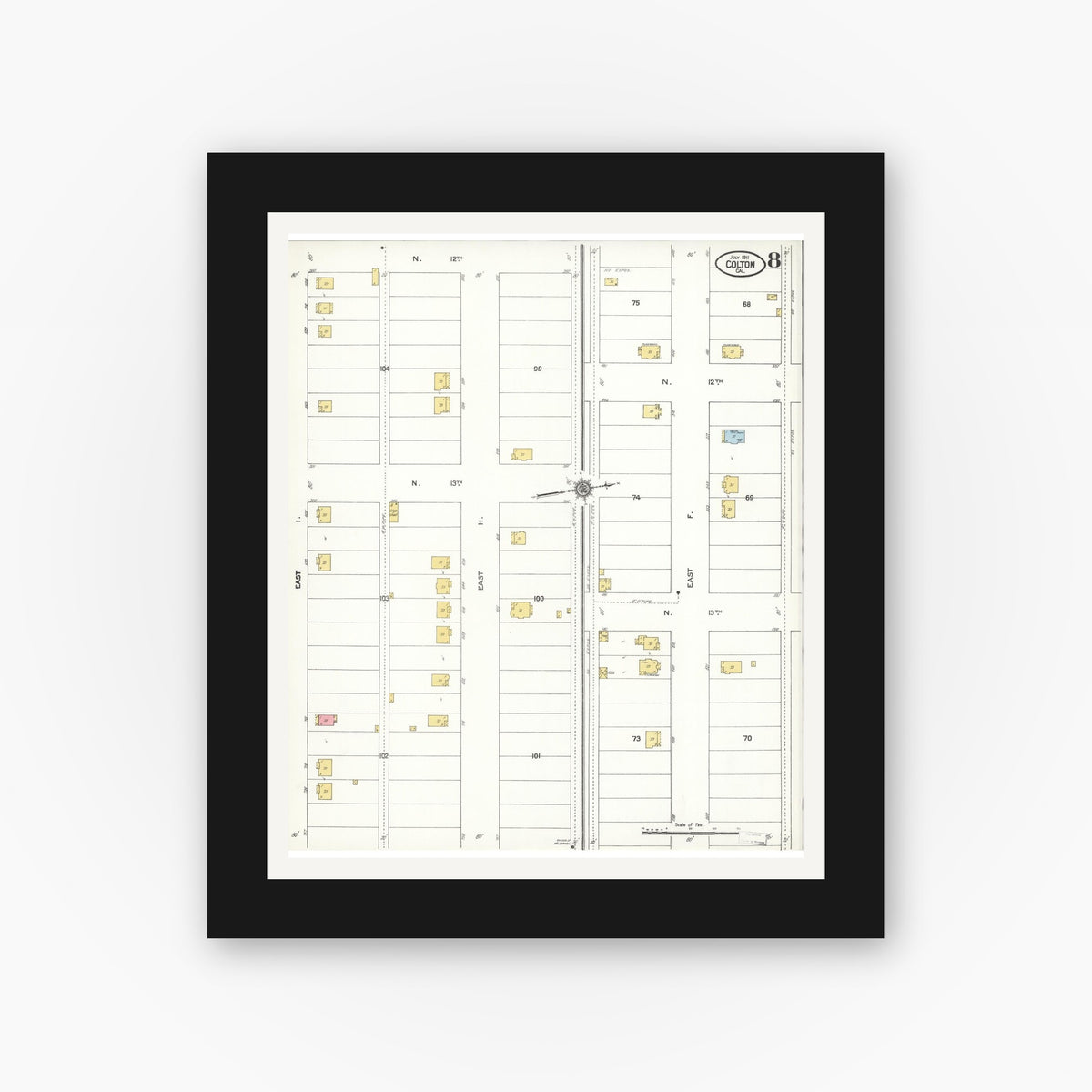 Old map wall art mockup — black gallery frame with white mat — Sanborn Fire Insurance Map from Colton, San Bernardino County, California (1911), Sheet #0008