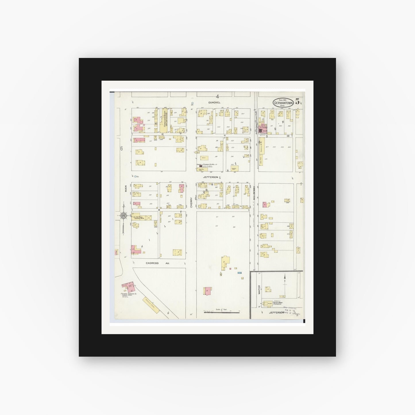 Old map wall art mockup — black gallery frame with white mat — Sanborn Fire Insurance Map from Germantown, Montgomery County, Ohio (1912), Sheet #0005