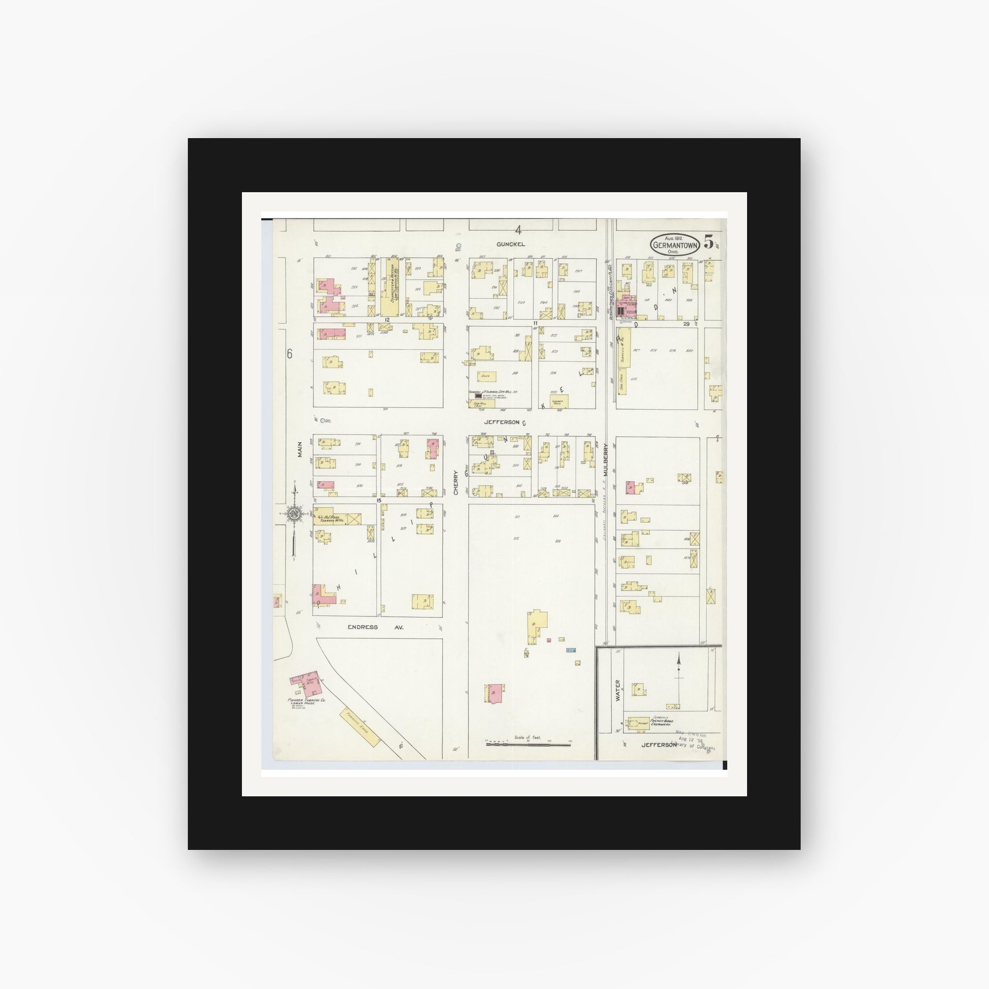 Old map wall art mockup — black gallery frame with white mat — Sanborn Fire Insurance Map from Germantown, Montgomery County, Ohio (1912), Sheet #0005