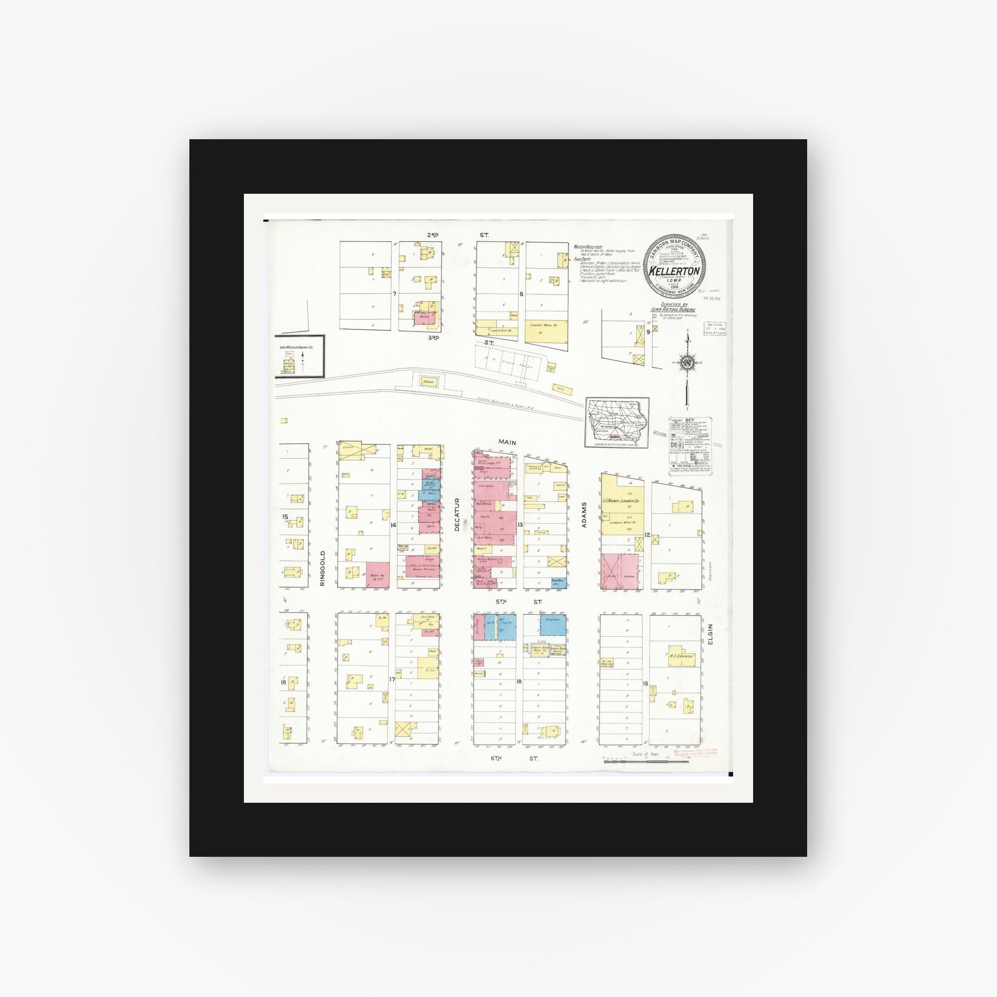 Old map wall art mockup — black gallery frame with white mat — Sanborn Fire Insurance Map from Kellerton, Ringgold County, Iowa (1916), Sheet #0001