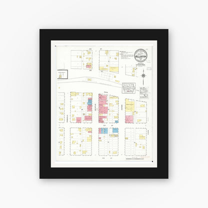 Old map wall art mockup — black gallery frame with white mat — Sanborn Fire Insurance Map from Kellerton, Ringgold County, Iowa (1916), Sheet #0001