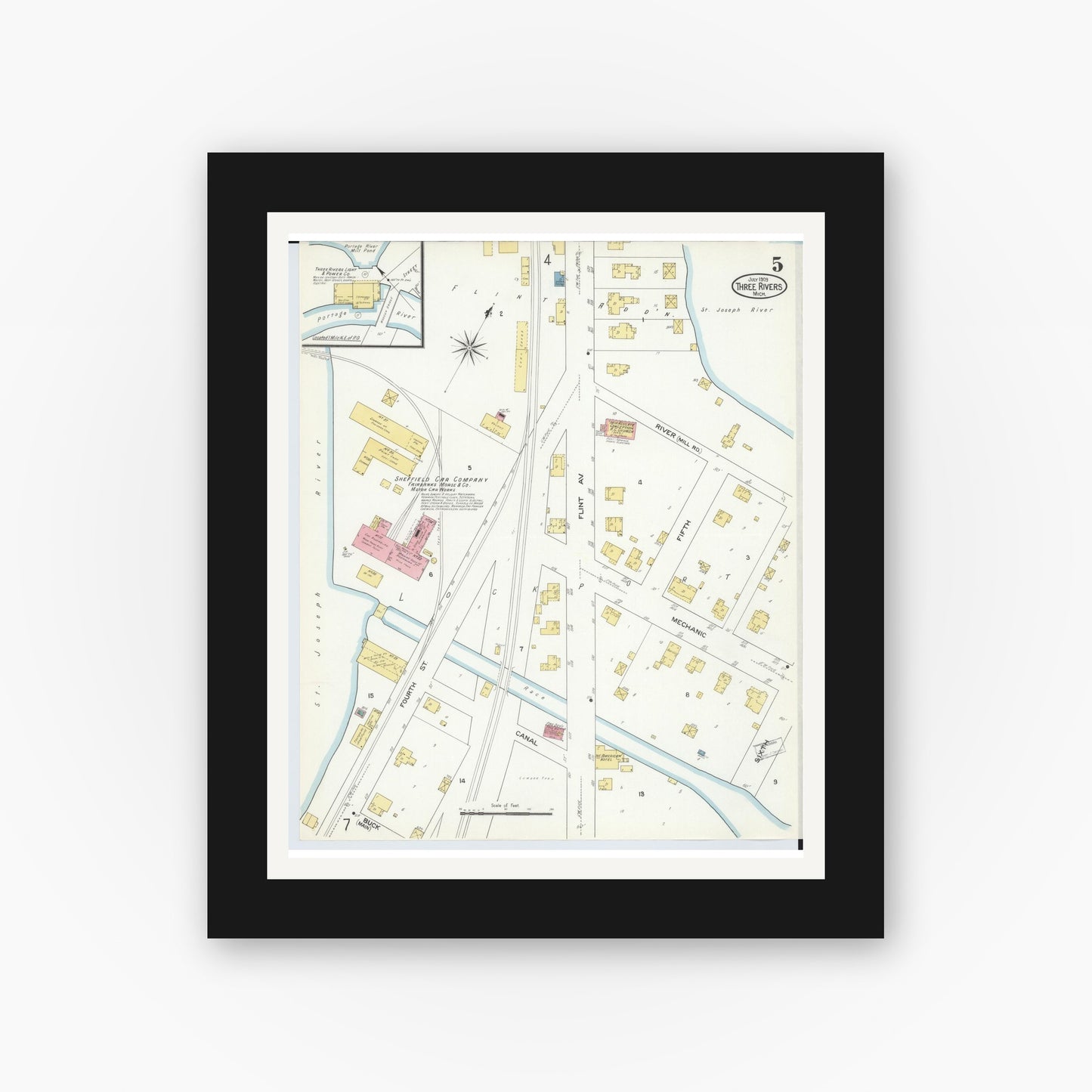 Old map wall art mockup — black gallery frame with white mat — Sanborn Fire Insurance Map from Three Rivers, Saint Joseph County, Michigan (1909), Sheet #0005