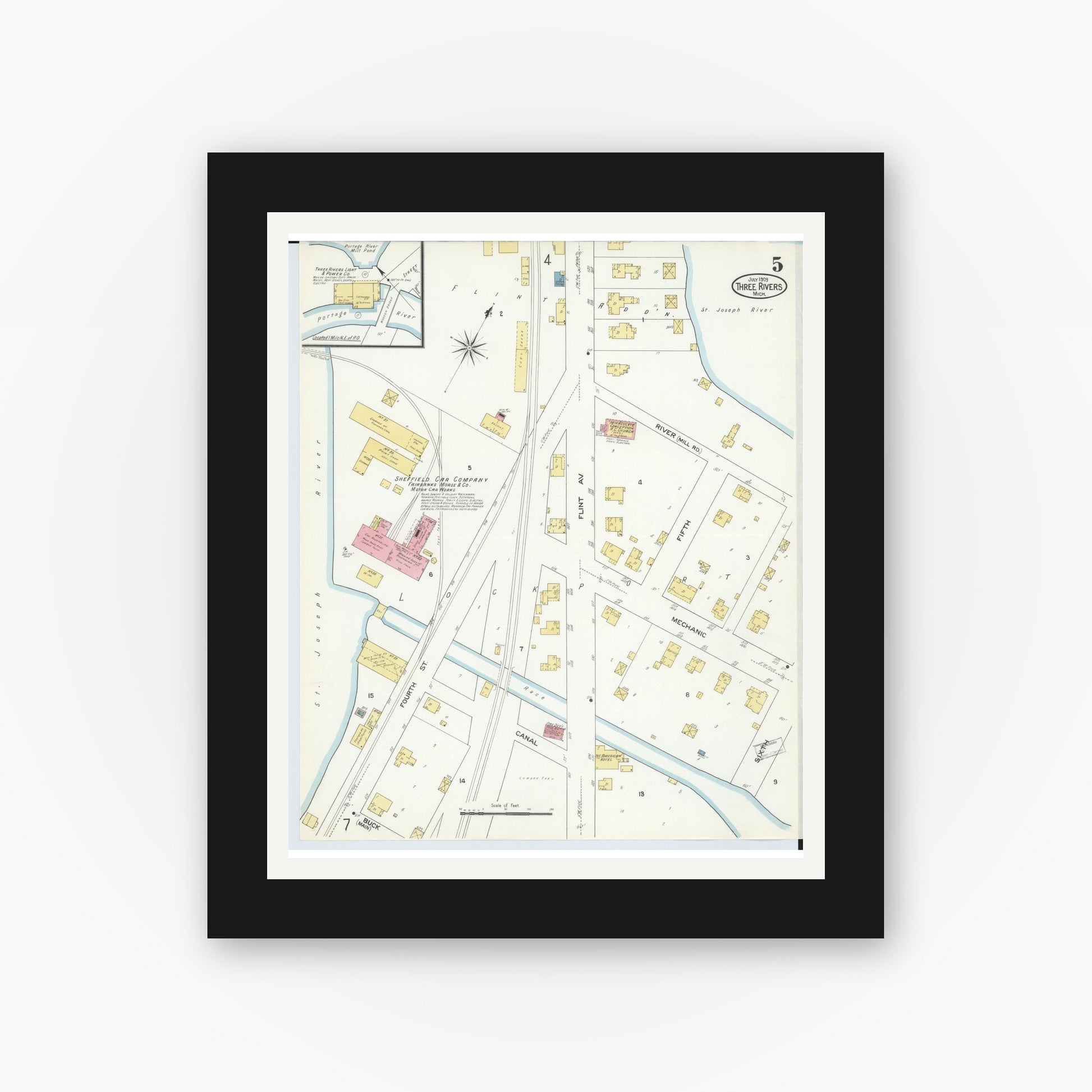 Old map wall art mockup — black gallery frame with white mat — Sanborn Fire Insurance Map from Three Rivers, Saint Joseph County, Michigan (1909), Sheet #0005