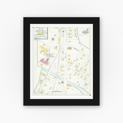Old map wall art mockup — black gallery frame with white mat — Sanborn Fire Insurance Map from Three Rivers, Saint Joseph County, Michigan (1909), Sheet #0005