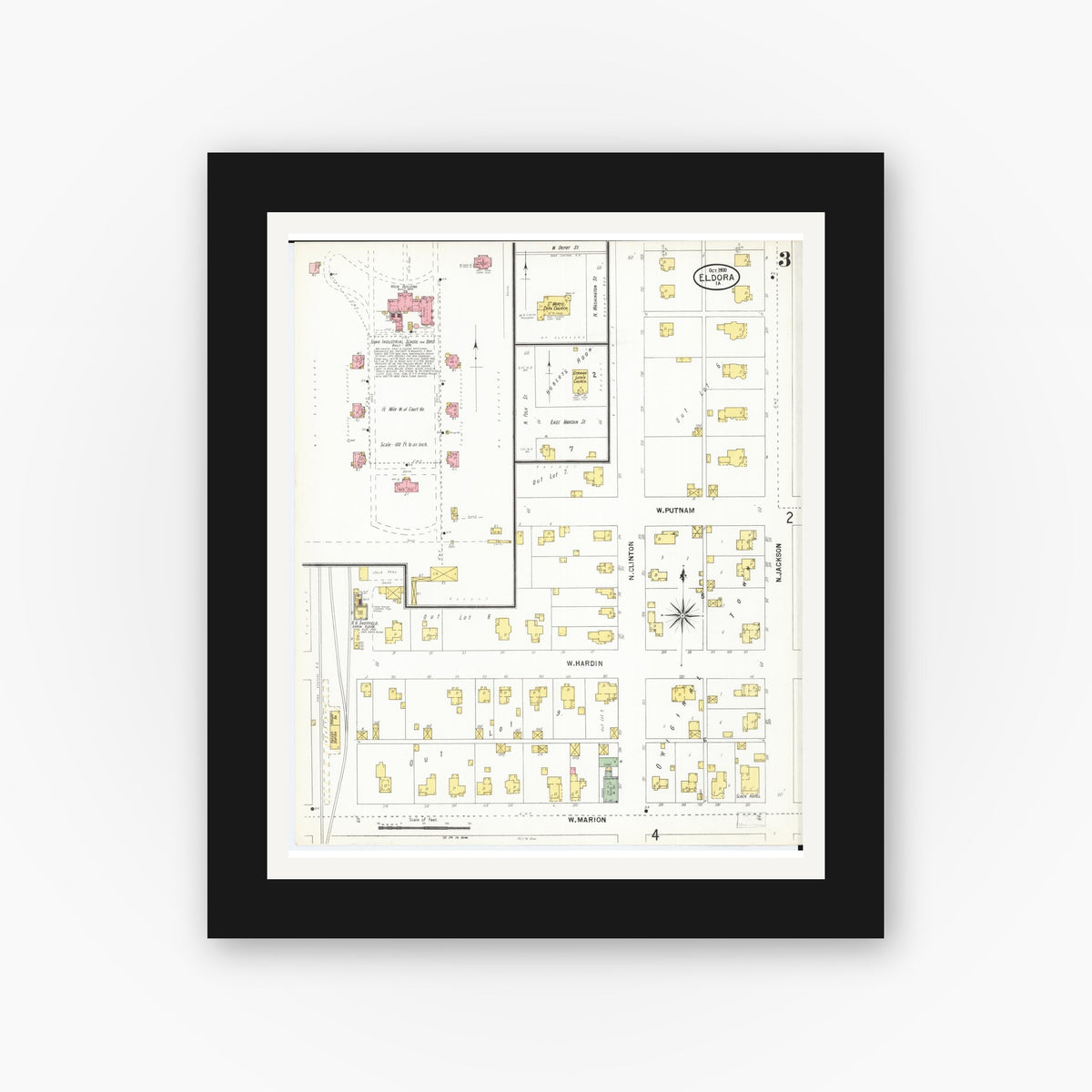 Old map wall art mockup — black gallery frame with white mat — Sanborn Fire Insurance Map from Eldora, Hardin County, Iowa (1900), Sheet #0003