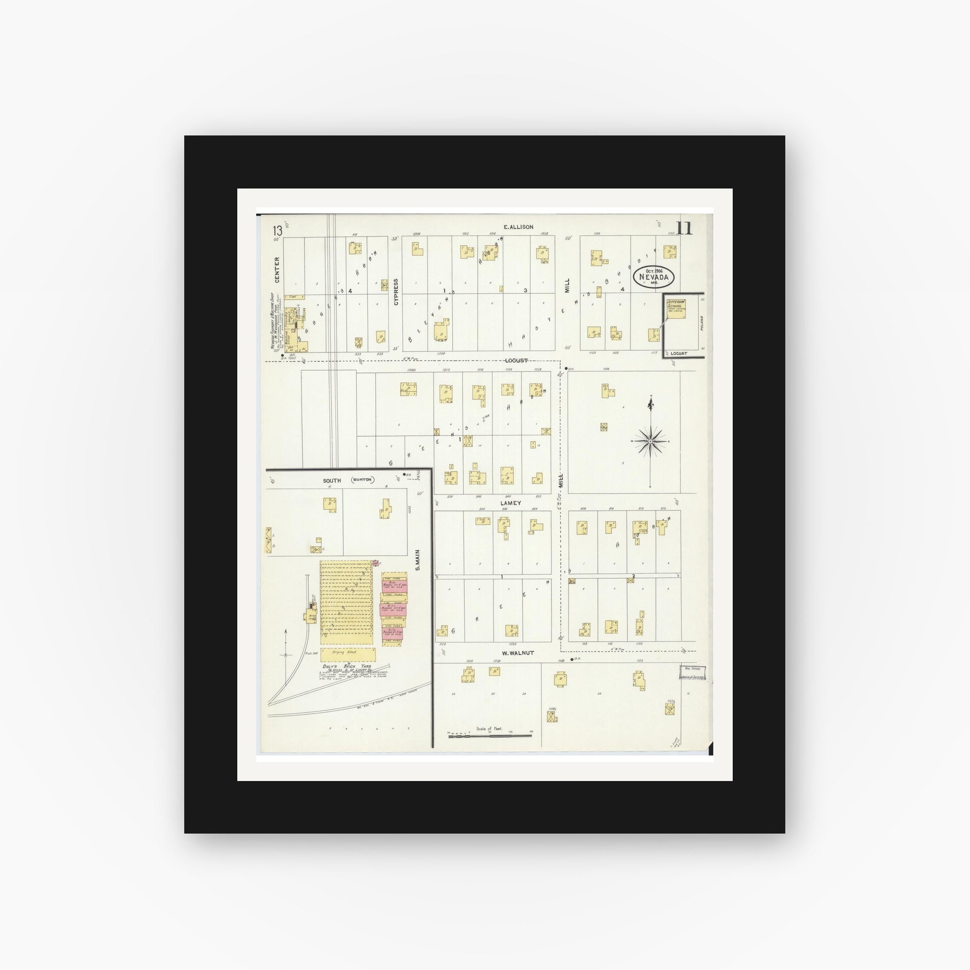 Old map wall art mockup — black gallery frame with white mat — Sanborn Fire Insurance Map from Nevada, Vernon County, Missouri (1906), Sheet #0011