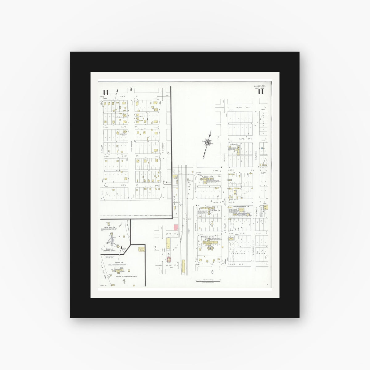Old map wall art mockup — black gallery frame with white mat — Sanborn Fire Insurance Map from Lamesa, Dawson County, Texas (1939), Sheet #0011