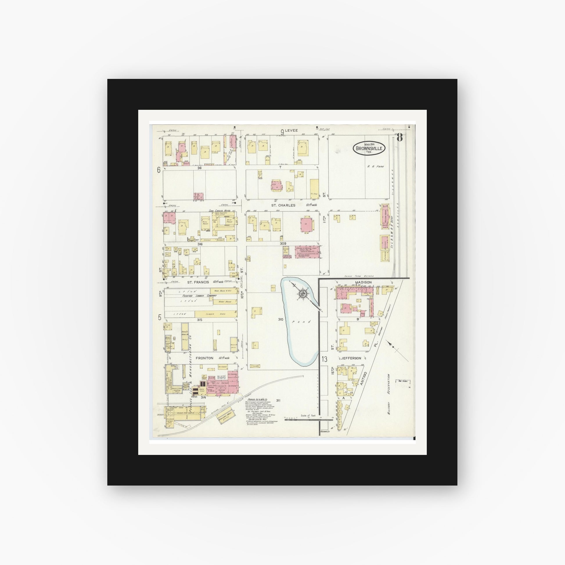 Old map wall art mockup — black gallery frame with white mat — Sanborn Fire Insurance Map from Brownsville, Cameron County, Texas (1914), Sheet #0008