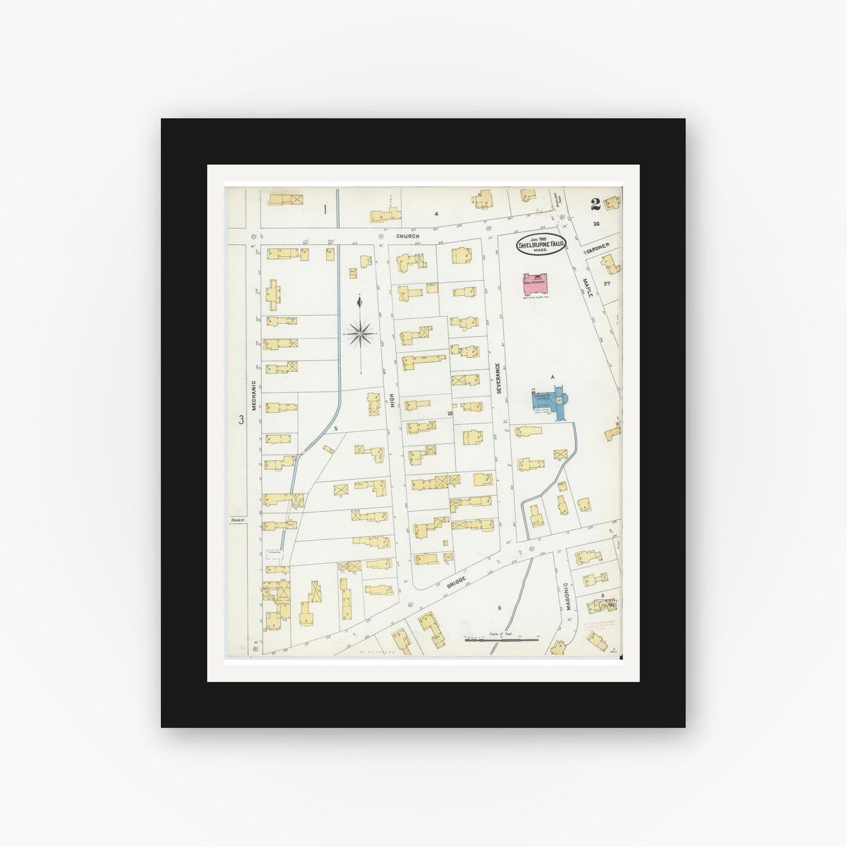Old map wall art mockup — black gallery frame with white mat — Sanborn Fire Insurance Map from Shelburne Falls, Franklin County, Massachusetts (1905), Sheet #0002