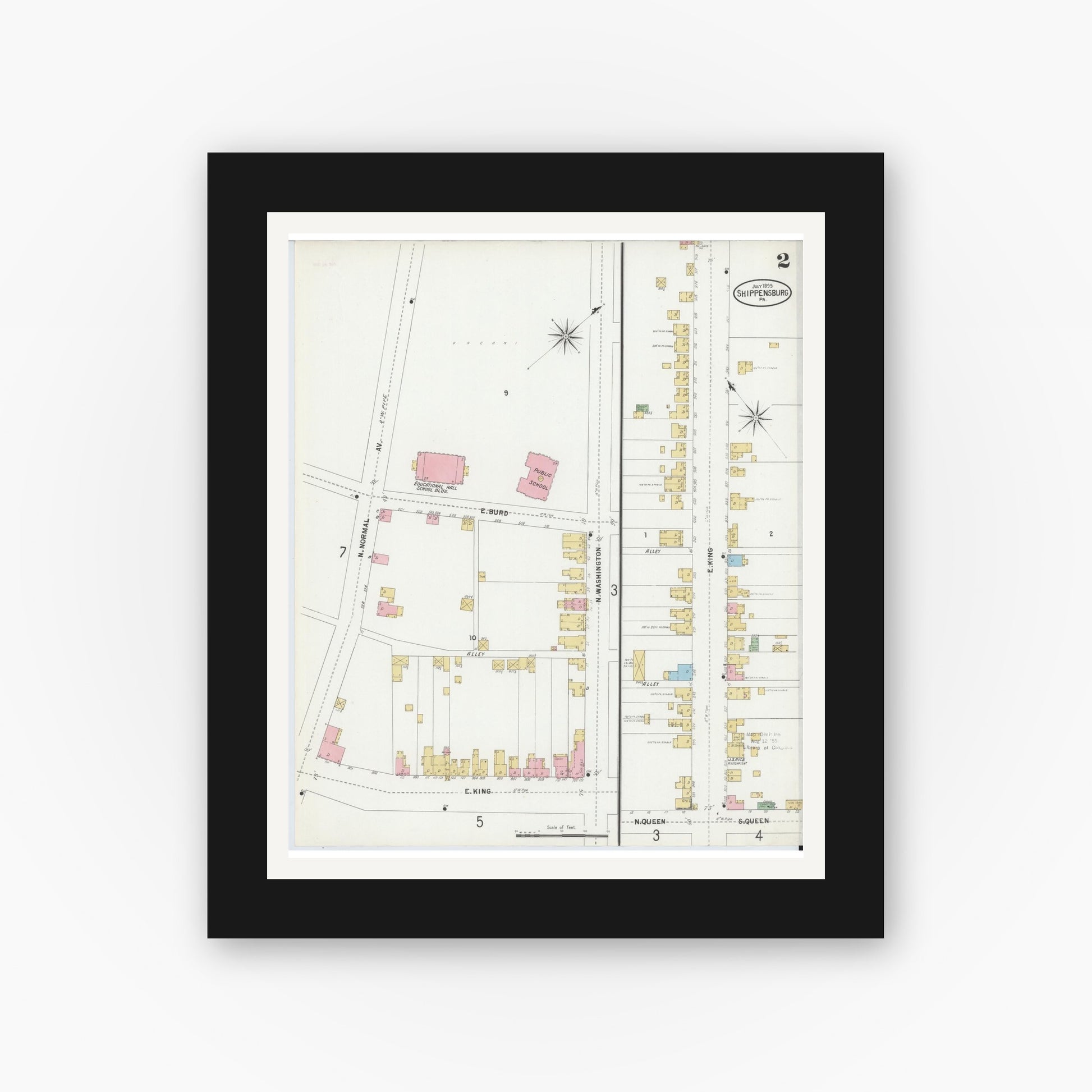 Old map wall art mockup — black gallery frame with white mat — Sanborn Fire Insurance Map from Shippensburg, Cumberland And Franklin Counties, Pennsylvania (1899), Sheet #0002