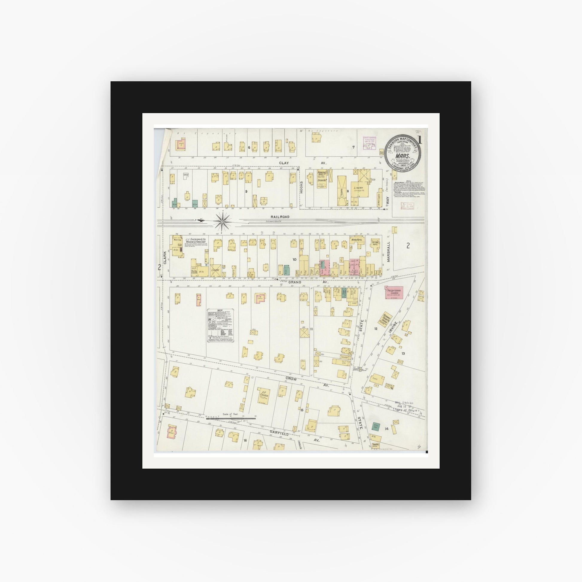 Old map wall art mockup — black gallery frame with white mat — Sanborn Fire Insurance Map from Mars, Butler County, Pennsylvania (1905), Sheet #0001