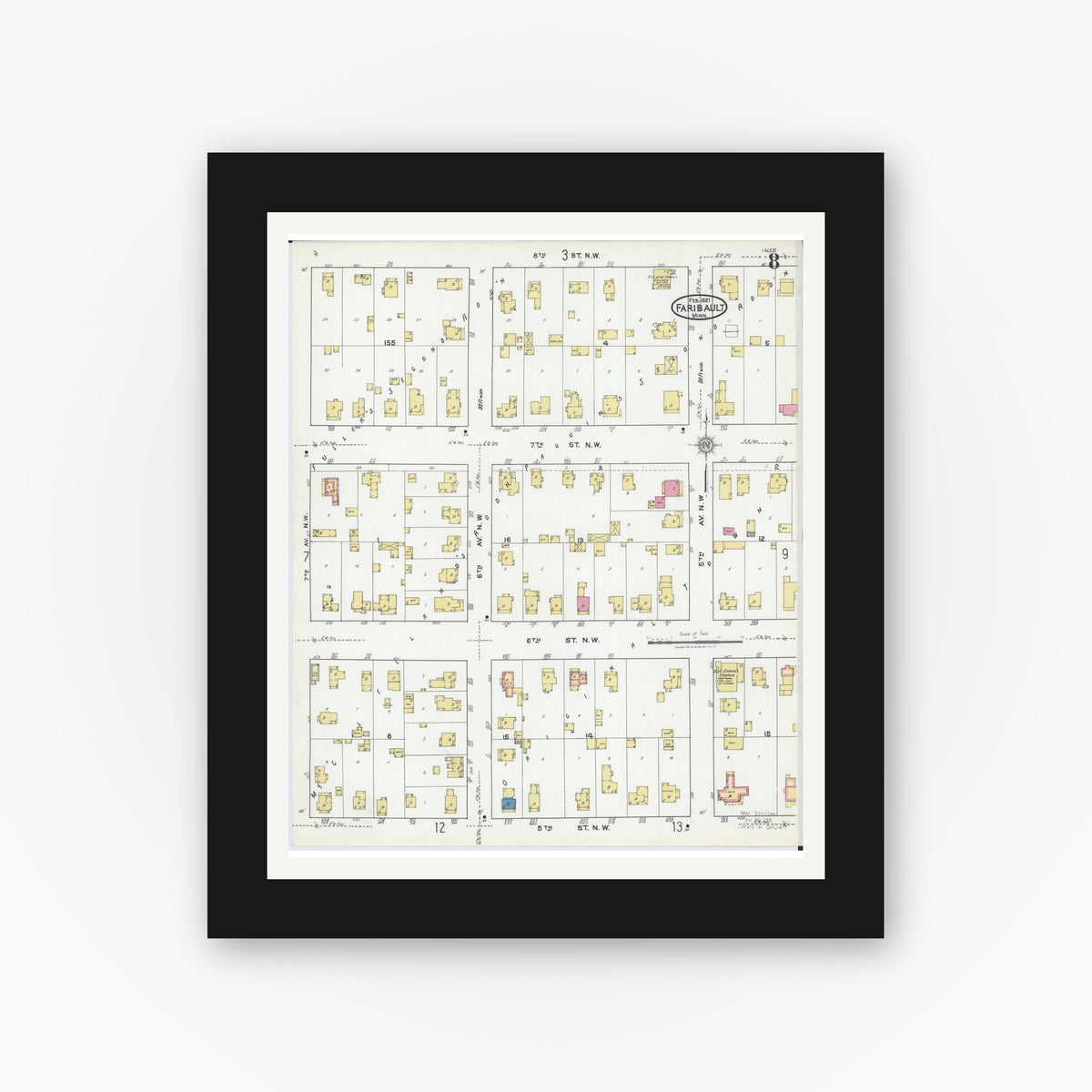 Old map wall art mockup — black gallery frame with white mat — Sanborn Fire Insurance Map from Faribault, Rice County, Minnesota (1921), Sheet #0008