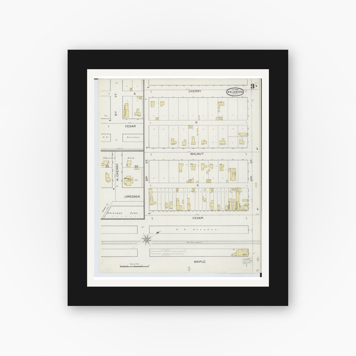 Old map wall art mockup — black gallery frame with white mat — Sanborn Fire Insurance Map from Kalkaska, Kalkaska County, Michigan (1894), Sheet #0003