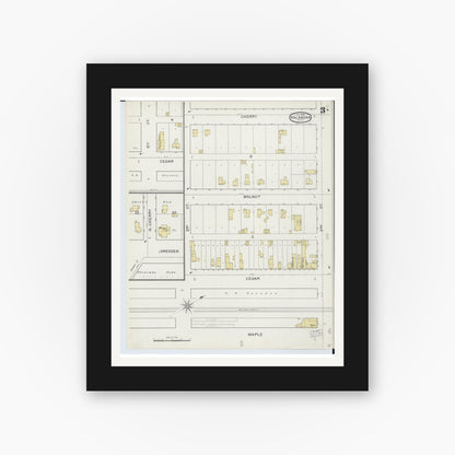 Old map wall art mockup — black gallery frame with white mat — Sanborn Fire Insurance Map from Kalkaska, Kalkaska County, Michigan (1894), Sheet #0003