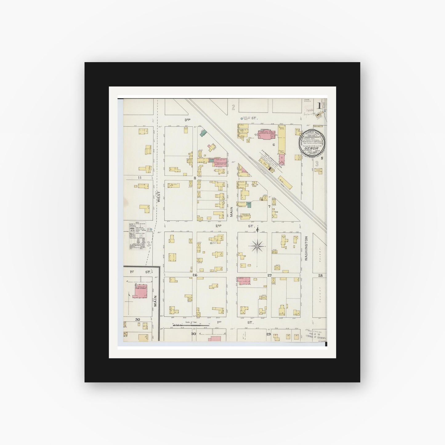 Old map wall art mockup — black gallery frame with white mat — Sanborn Fire Insurance Map from Genoa, Ottawa County, Ohio (1893), Sheet #0001