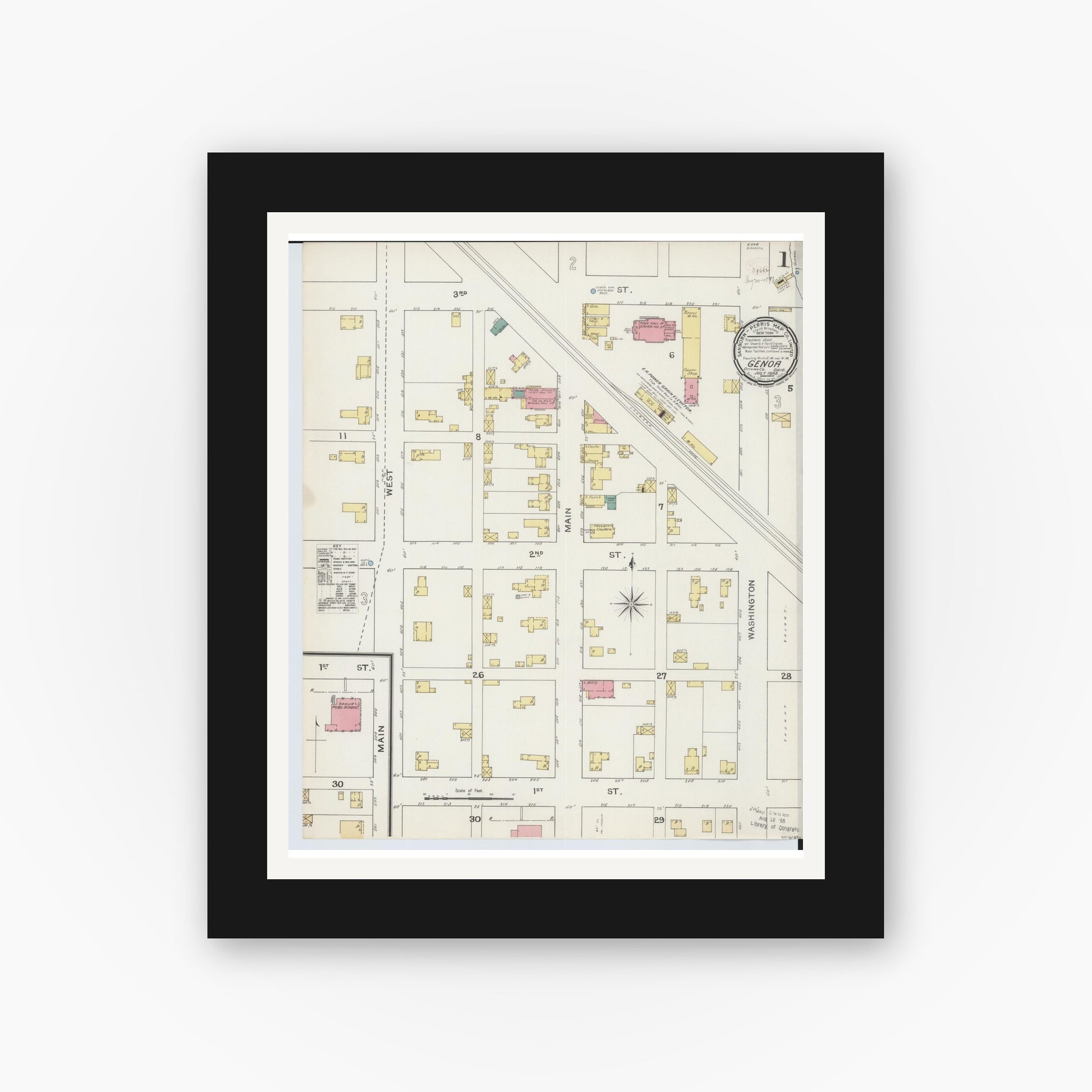 Old map wall art mockup — black gallery frame with white mat — Sanborn Fire Insurance Map from Genoa, Ottawa County, Ohio (1893), Sheet #0001